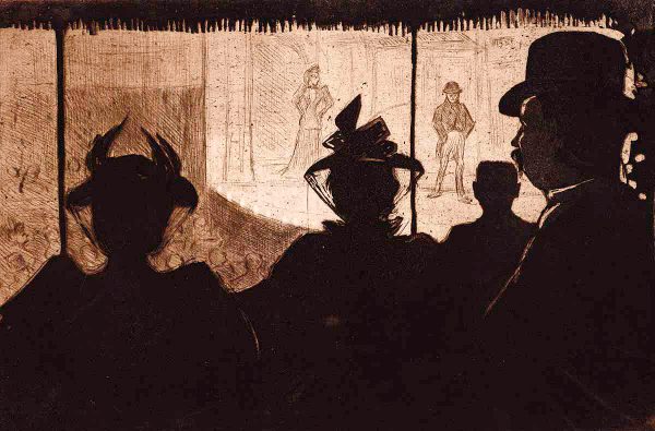 Diese stammt vom französischen Künstler Eugène Delâtre (1864–1938) und zeigt das faszinierende Licht- und Schattenspiel "Im Theater".