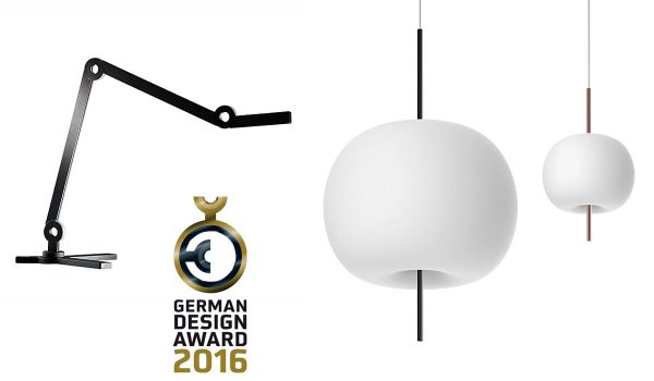 Schafften es in die Siegerliste des "German Design Award 2016" und bekamen jeweils eine "Special Mention": Die Tischleuchte Mooove von Senses (links) und die Pendelleuchte KUSHI aus dem Hause Kundalini. Fotos: Senses / Kundalini