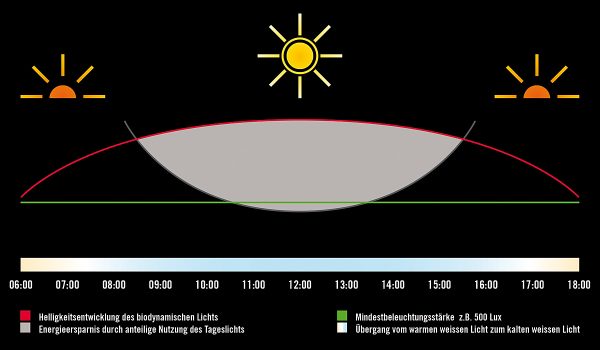 So sieht der natürliche Tagesverlauf des Sonnenlichts aus, das neben des Farbspektrums auch seine Lichtfarbe verändert. Grafik: Esylux