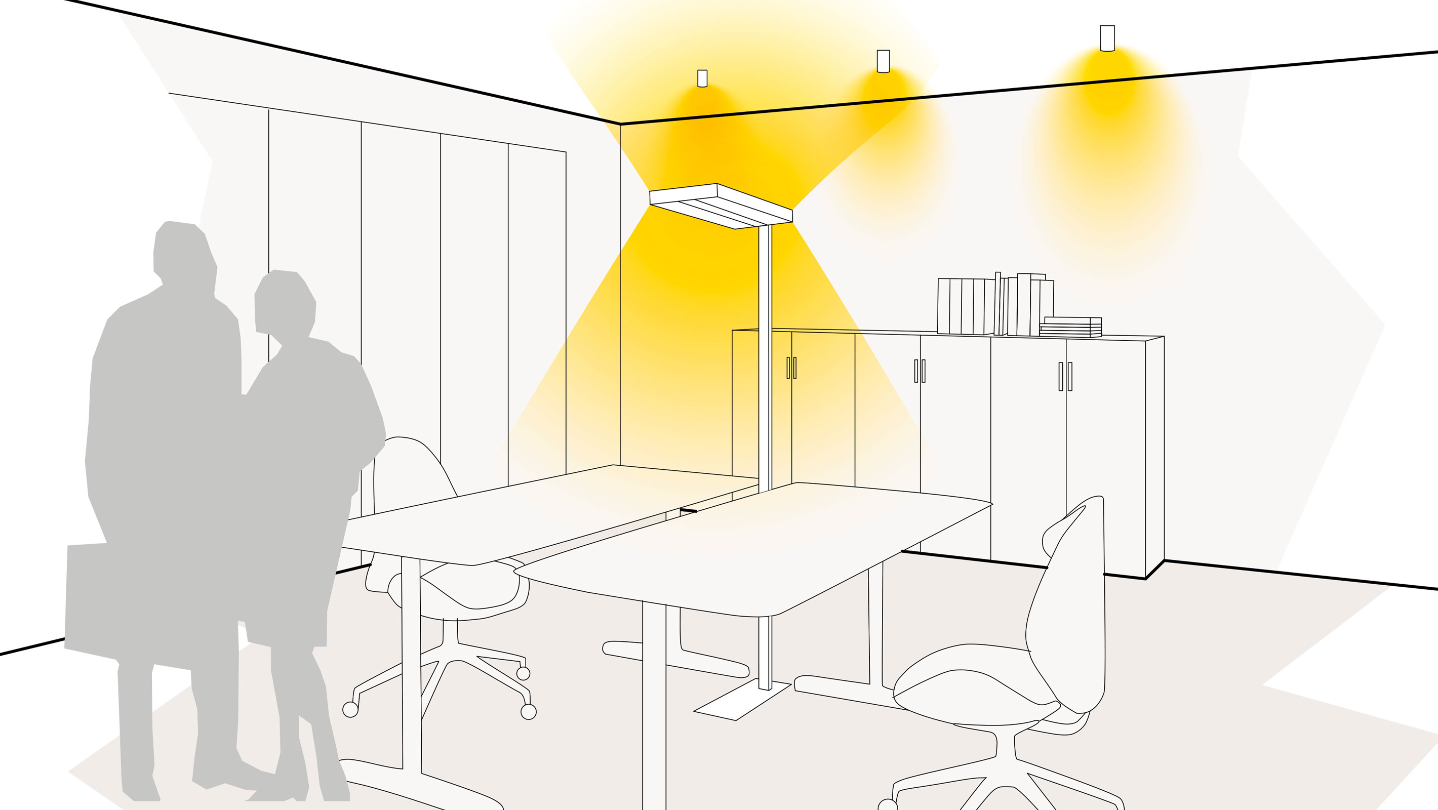 Illustration einer optimalen Lichtplanung im Arbeitszimmer mit Standleuchten und Downlights