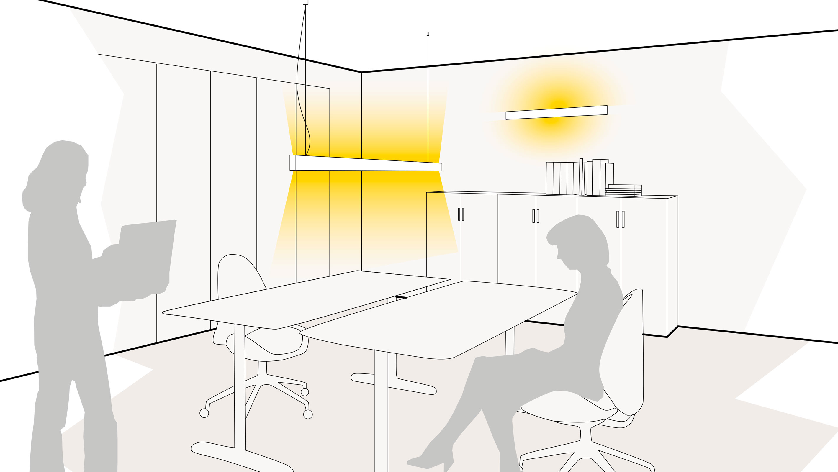 Illustration einer optimalen Lichtplanung im Arbeitszimmer mit linearen Pendelleuchten und linearen Wandleuchten