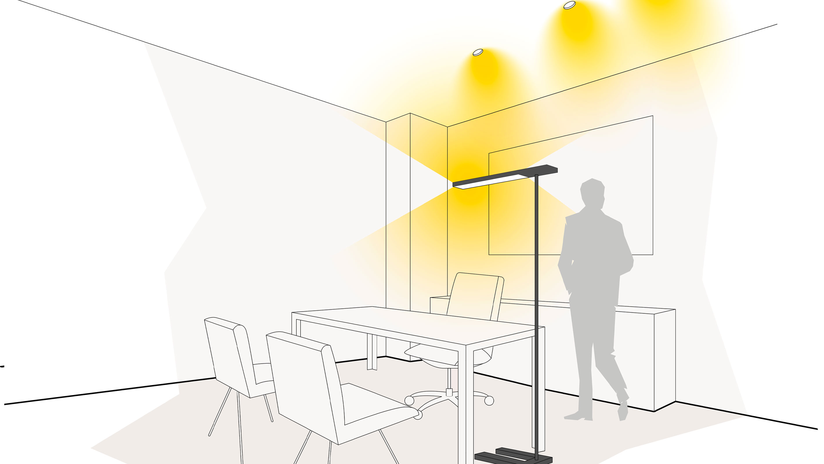 Illustration einer optimalen Lichtplanung im Arbeitszimmer mit Standleuchten und Deckeneinbauleuchten