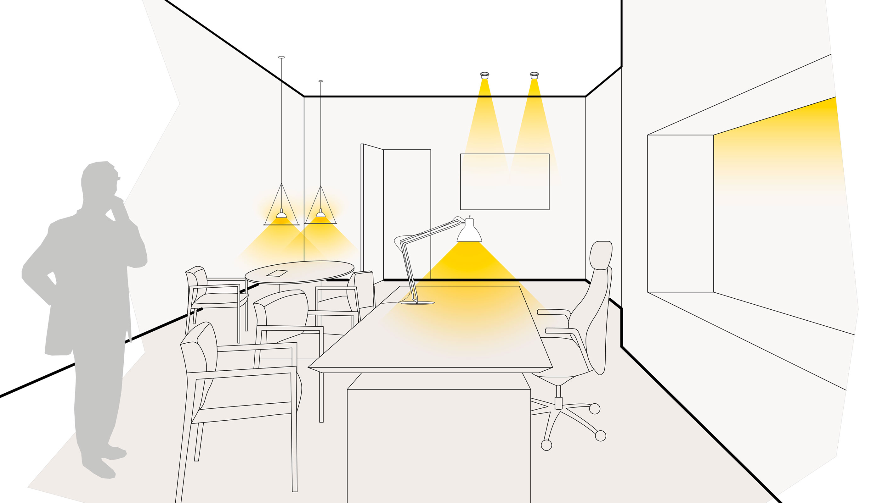Illustration einer optimalen Lichtplanung im Arbeitszimmer mit Pendelleuchten, Schreibtischleuchten, Deckeneinbauleuchten und Voutenbeleuchtung