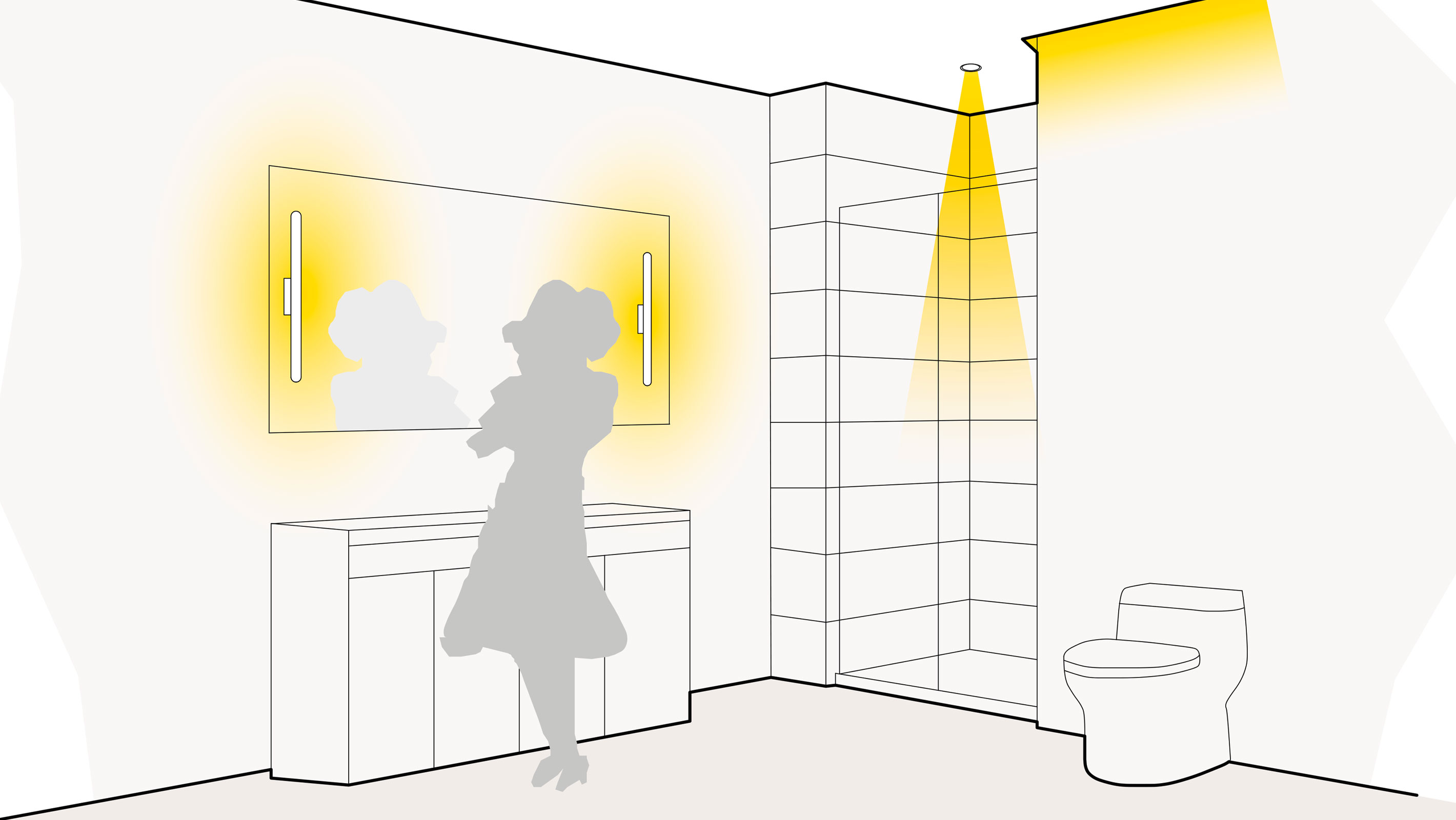 Illustration einer optimale Lichtplanung im Badezimmer mit Voutenbeleuchtung, Spiegelleuchten und Deckeneinbauleuchten