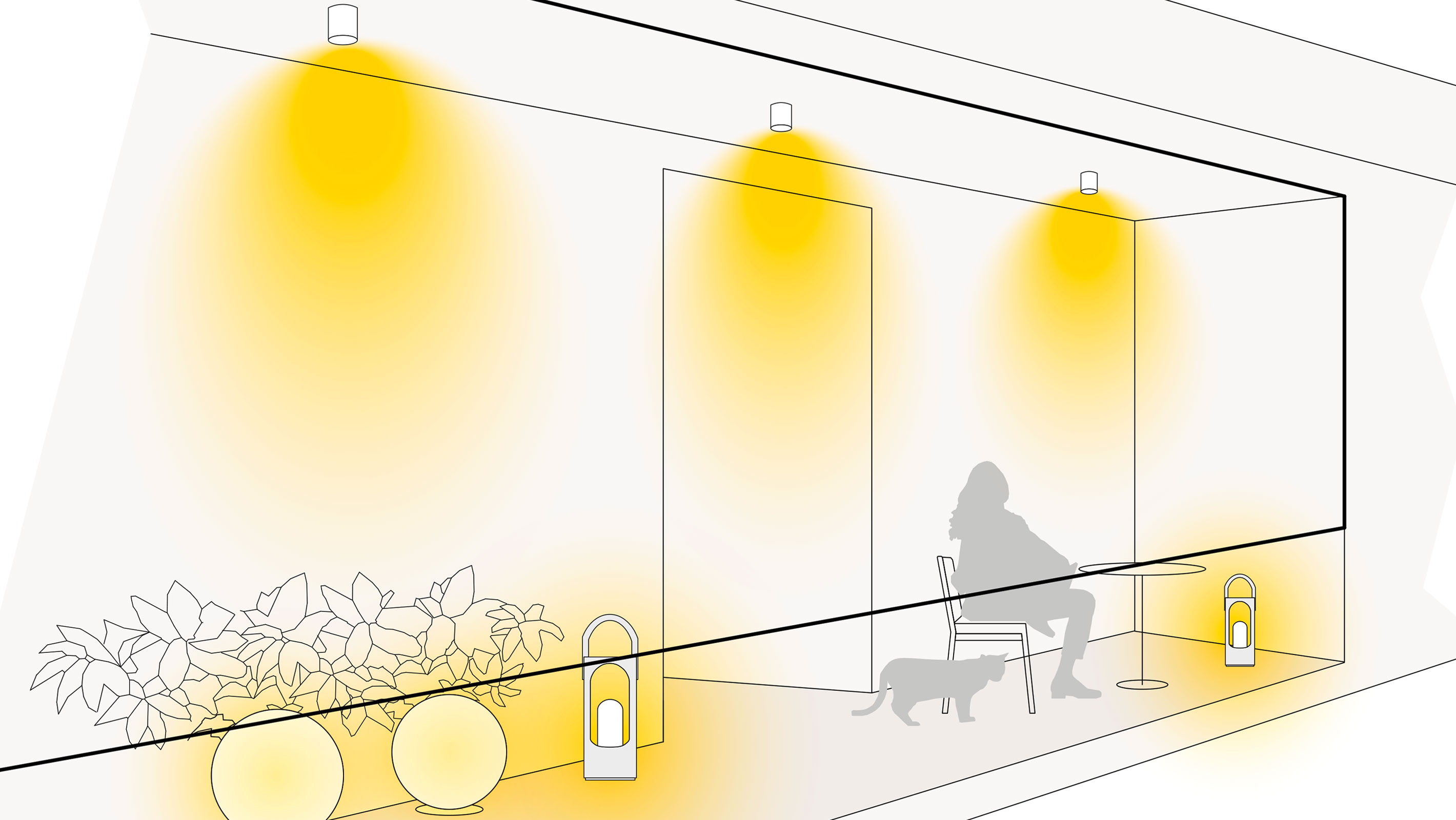 Illustration einer optimale Lichtplanung in der Loggia mit Deckenaufbauleuchten, Kugelleuchten und Akkuleuchten