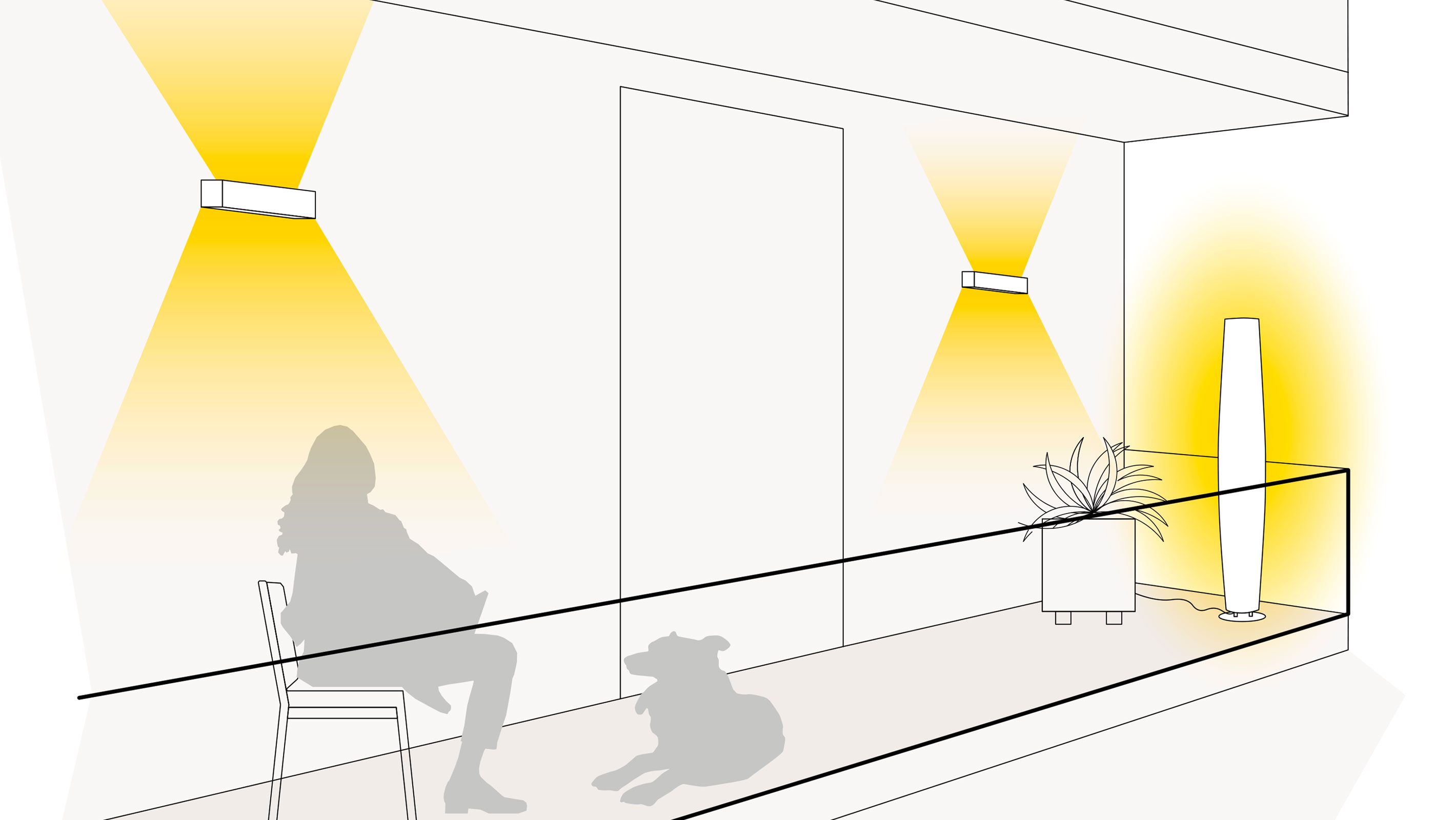 Illustration einer optimale Lichtplanung auf dem Balkon mit Wandleuchten und Standleuchten