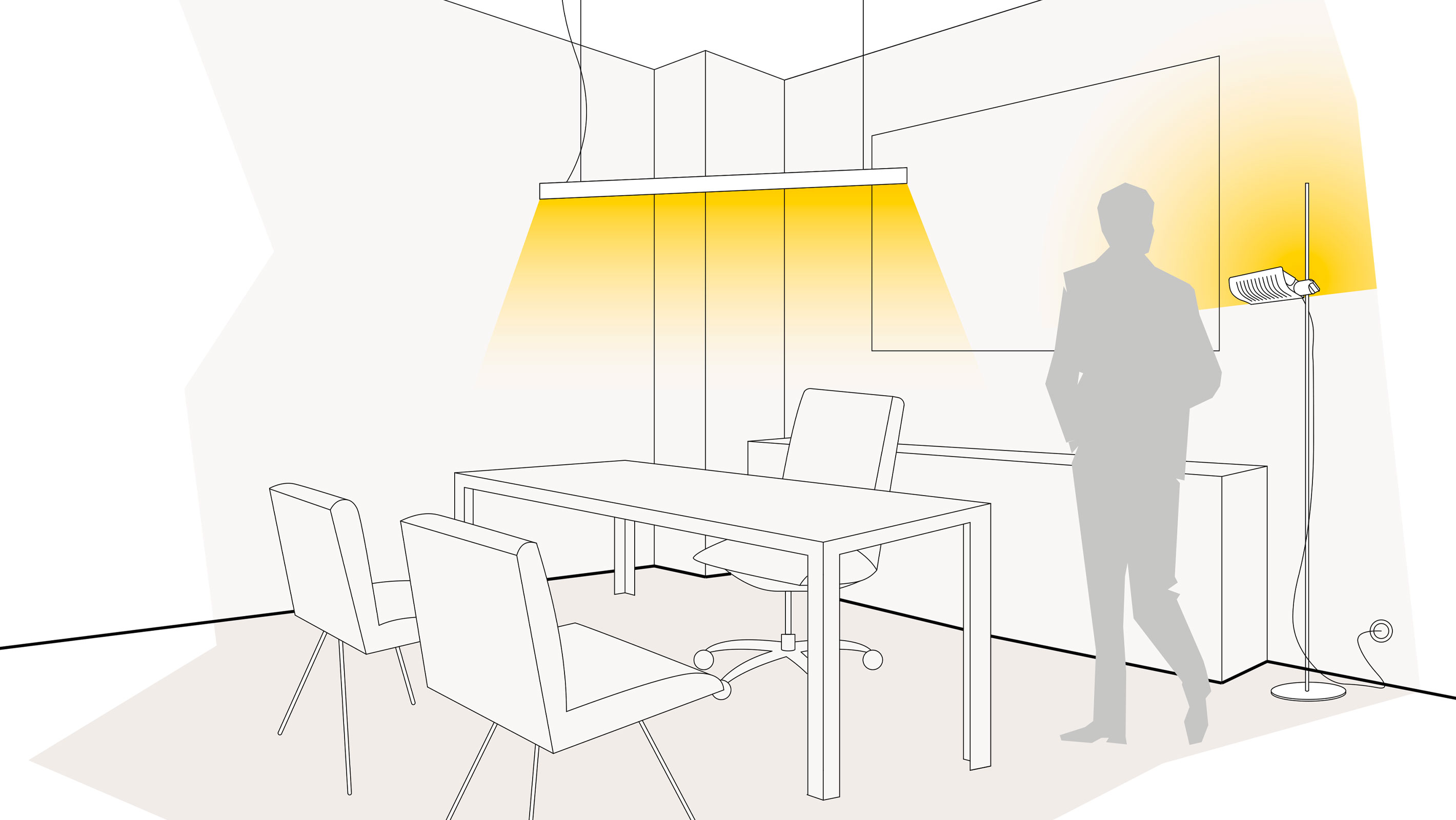Illustration einer optimalen Lichtplanung im Büro mit Pendelleuchten und Standleuchten