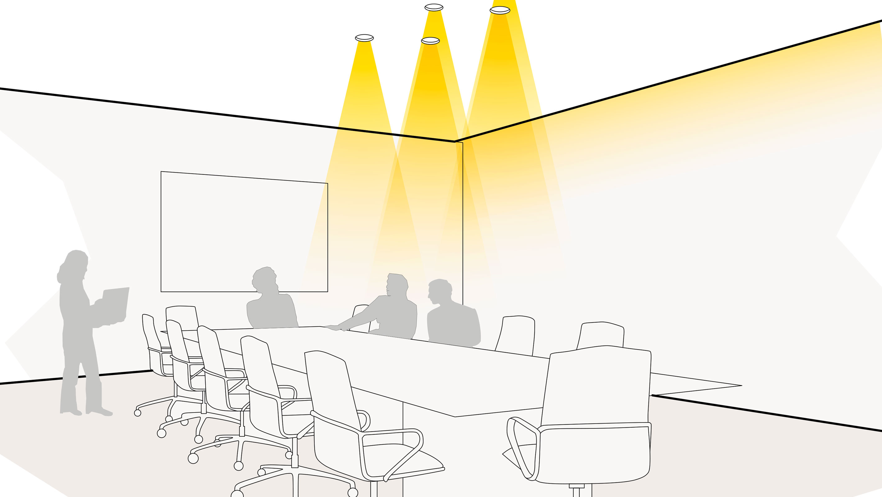 Illustration einer optimalen Lichtplanung im Büro mit Einbaudownlights und Lichtvouten