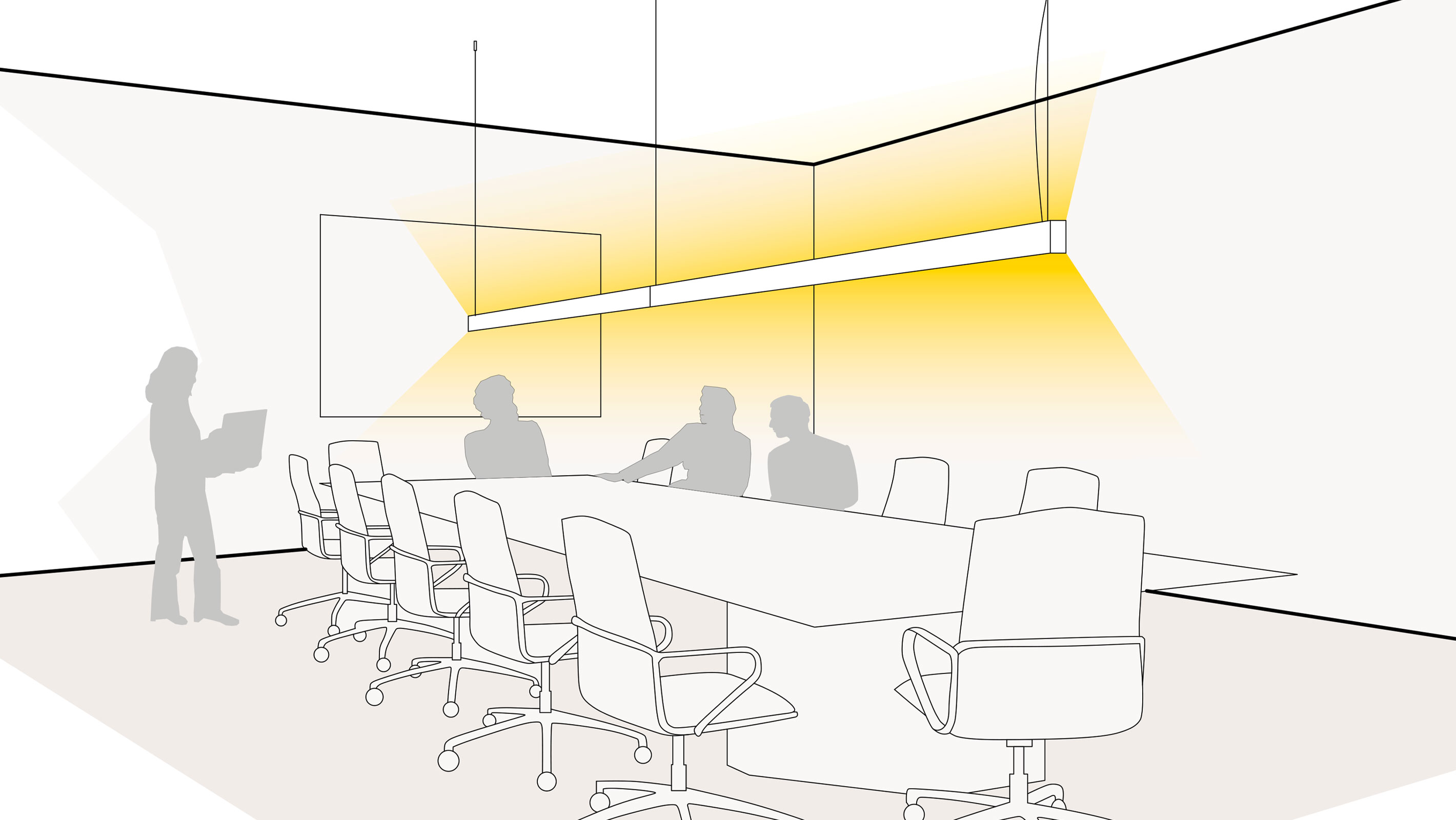 Illustration einer optimalen Lichtplanung im Büro mit einer LED Pendelleuchte