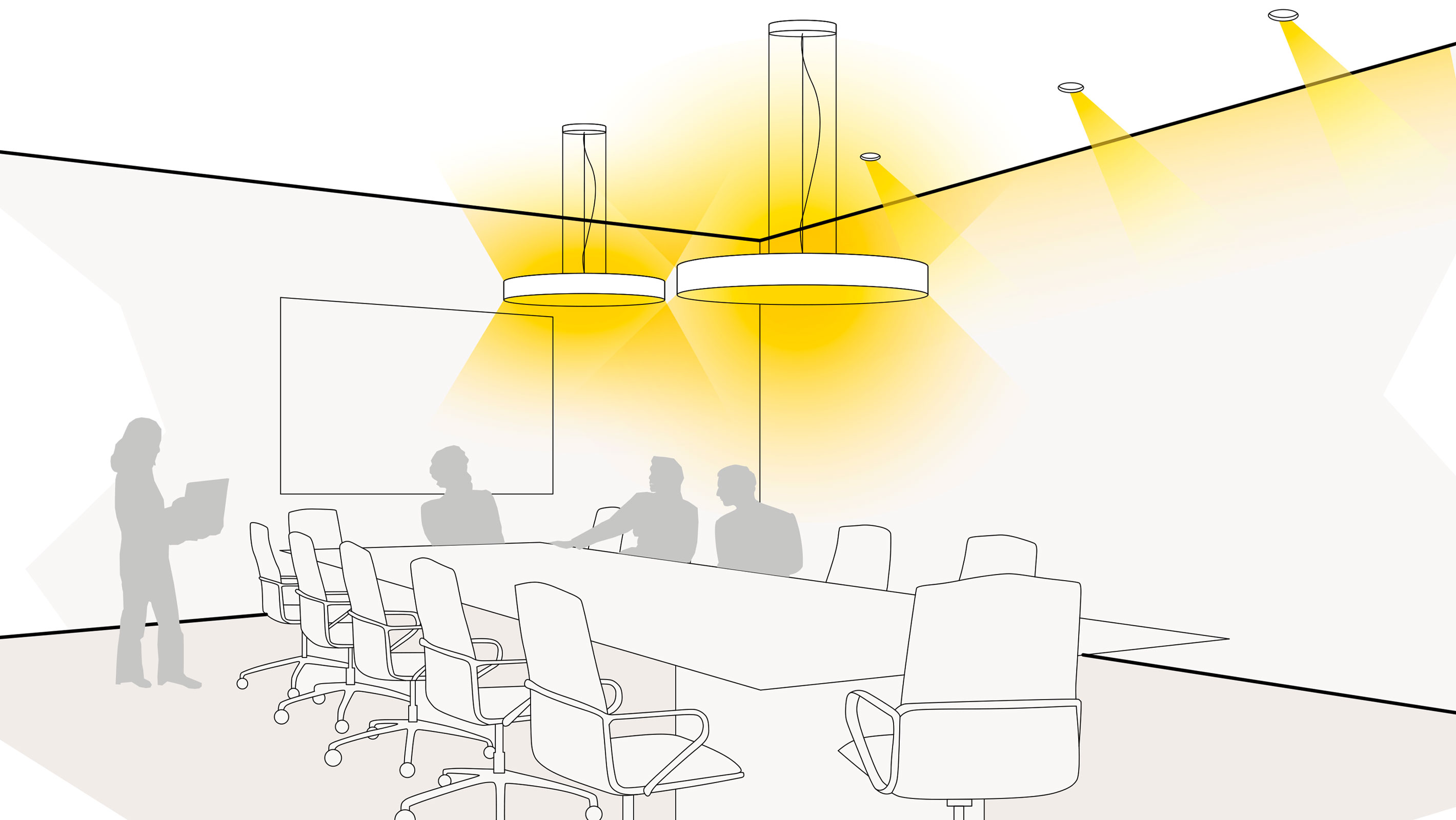 Illustration einer optimalen Lichtplanung in einem Büro mit Pendelleuchten und Einbaudownlights