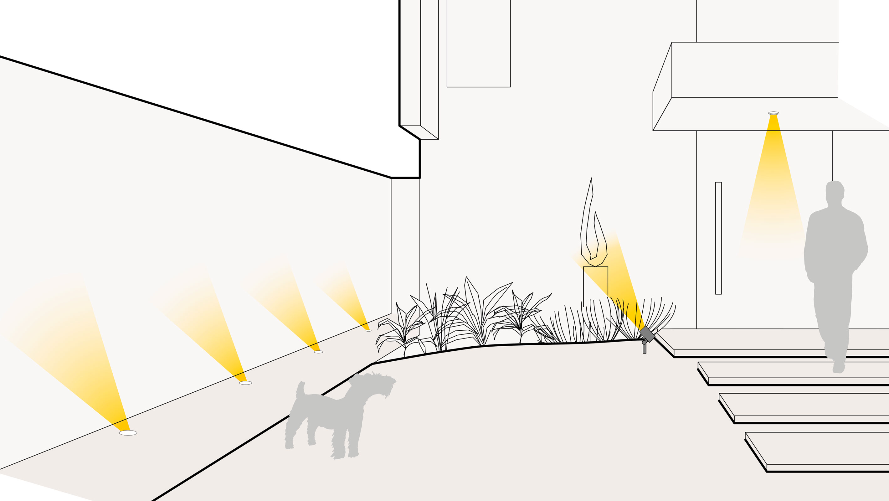 Illustration einer optimale Lichtplanung in der Einfahrt mit Bodenleuchten, Erdspießstrahlern und Deckeneinbaustrahlern