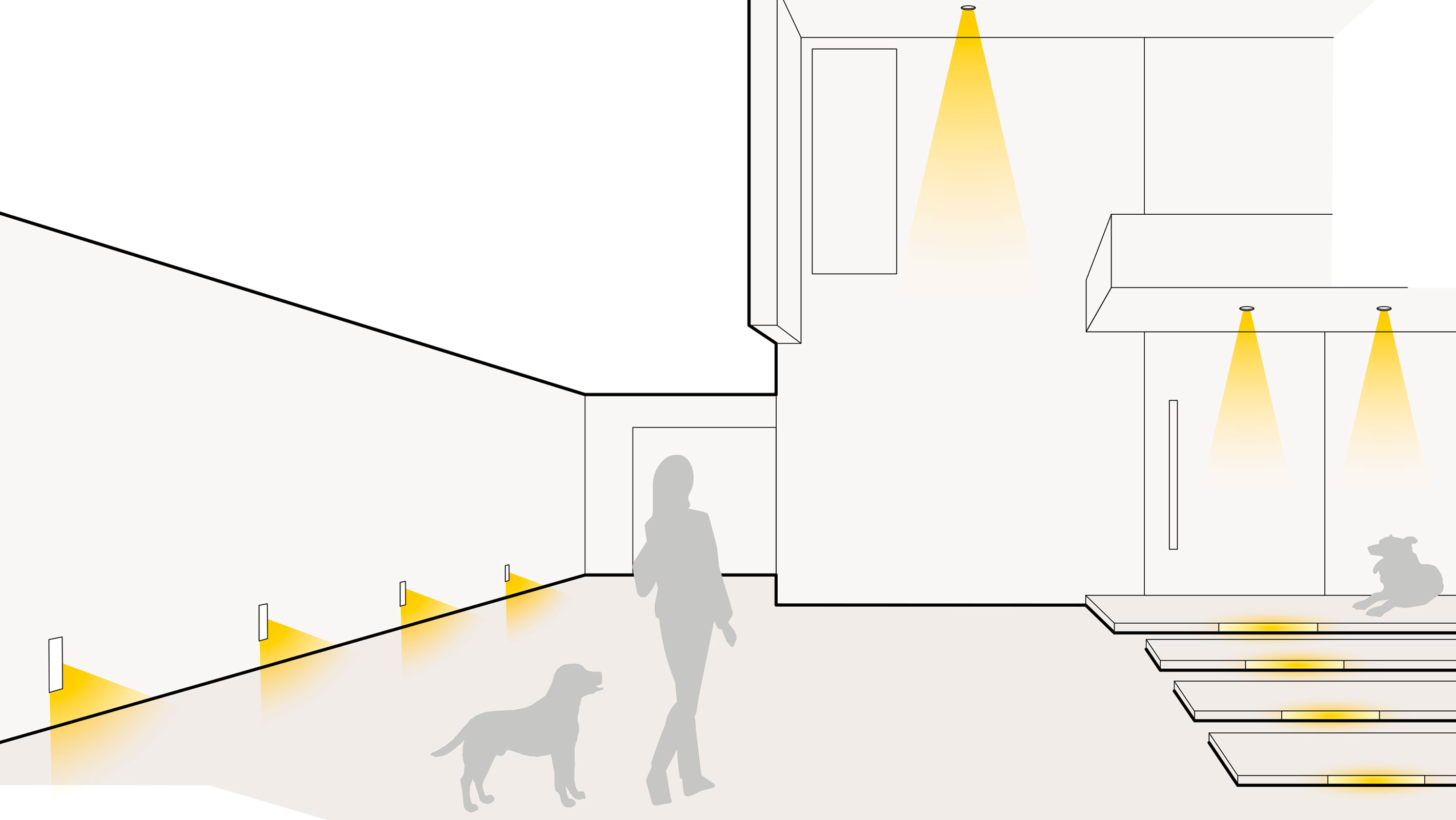 Illustration einer optimalen Lichtplanung in der Einfahrt mit Wandleuchten, Einbauleuchten und Stufenleuchten