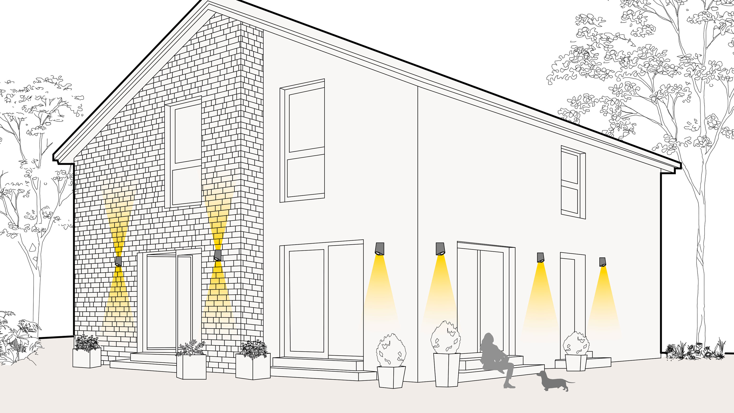 Illustration einer optimalen Lichtplanung an der Fassade eines Hauses mit Wandleuchten