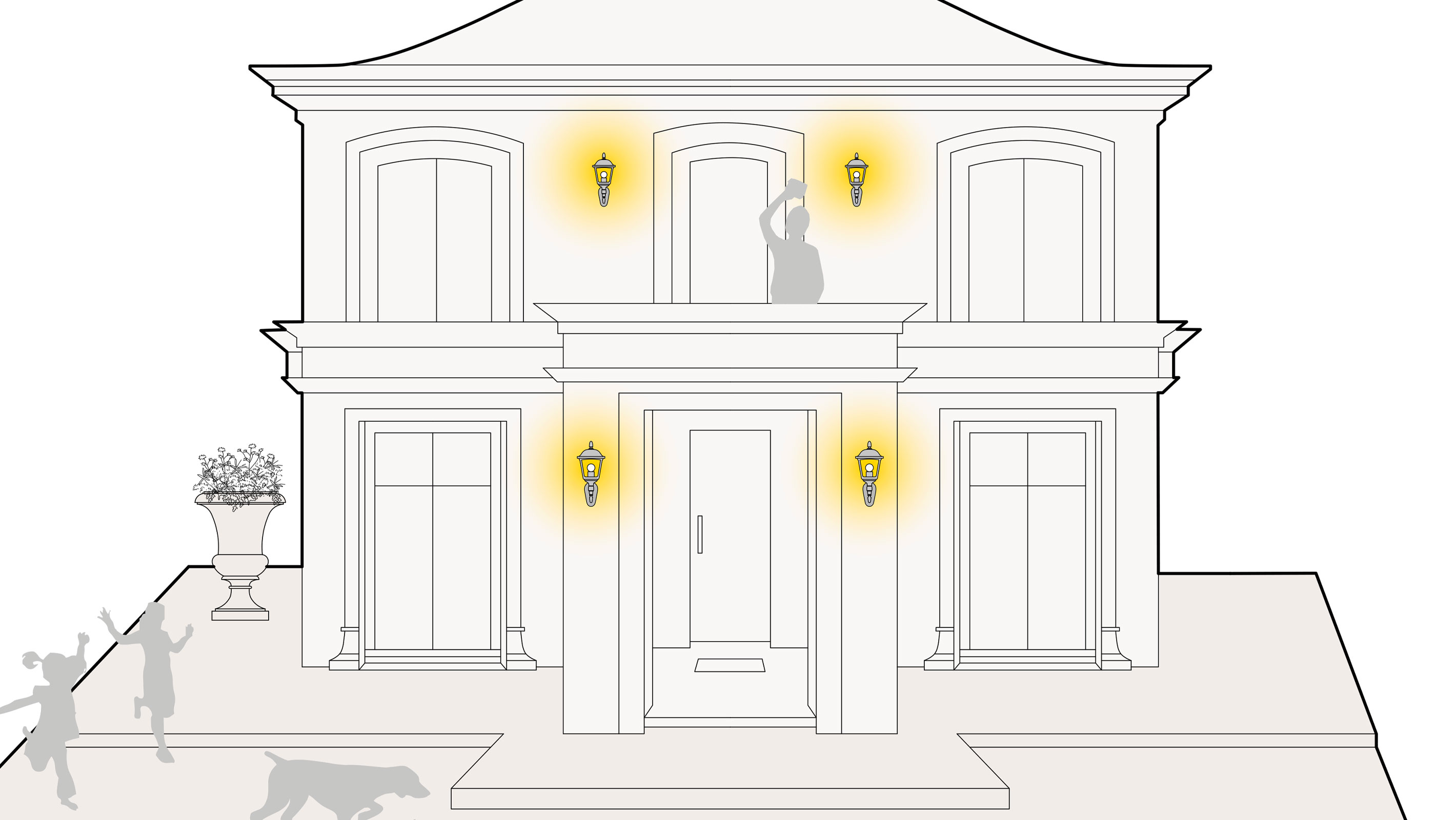 Illustration einer optimalen Lichtplanung an der Fassade eines Hauses mit Wandlaternen