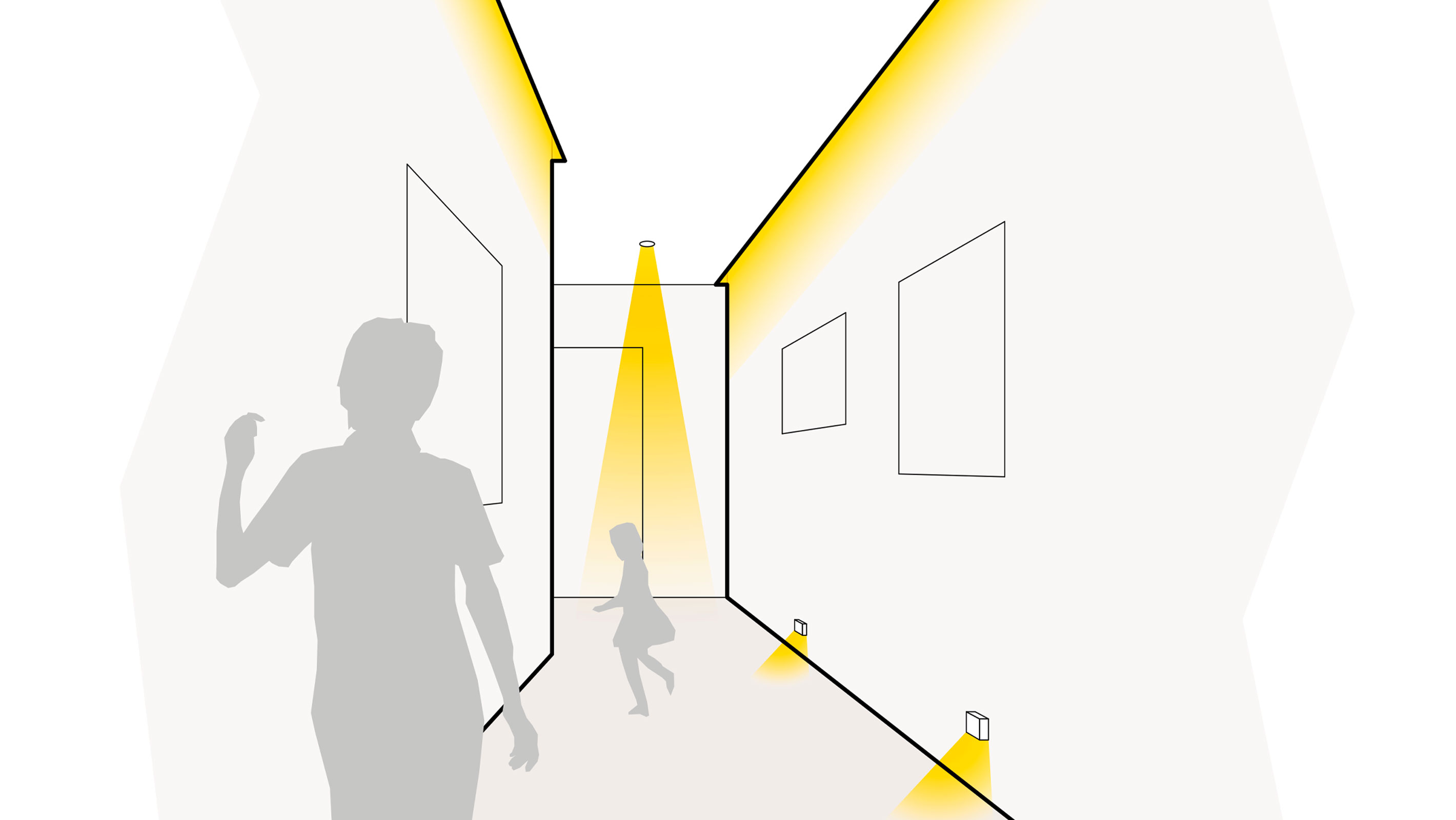 Illustration einer optimalen Lichtplanung im Flur mit Wandleuchten, Lichtleisten und Deckeneinbaustrahlern