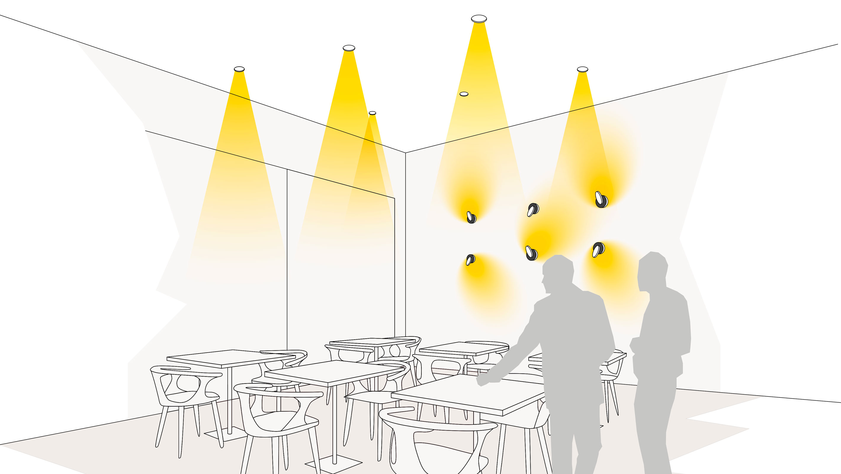 Illustration einer optimalen Lichtplanung in der Gastronomie mit Einbaudownlights und Wandleuchten