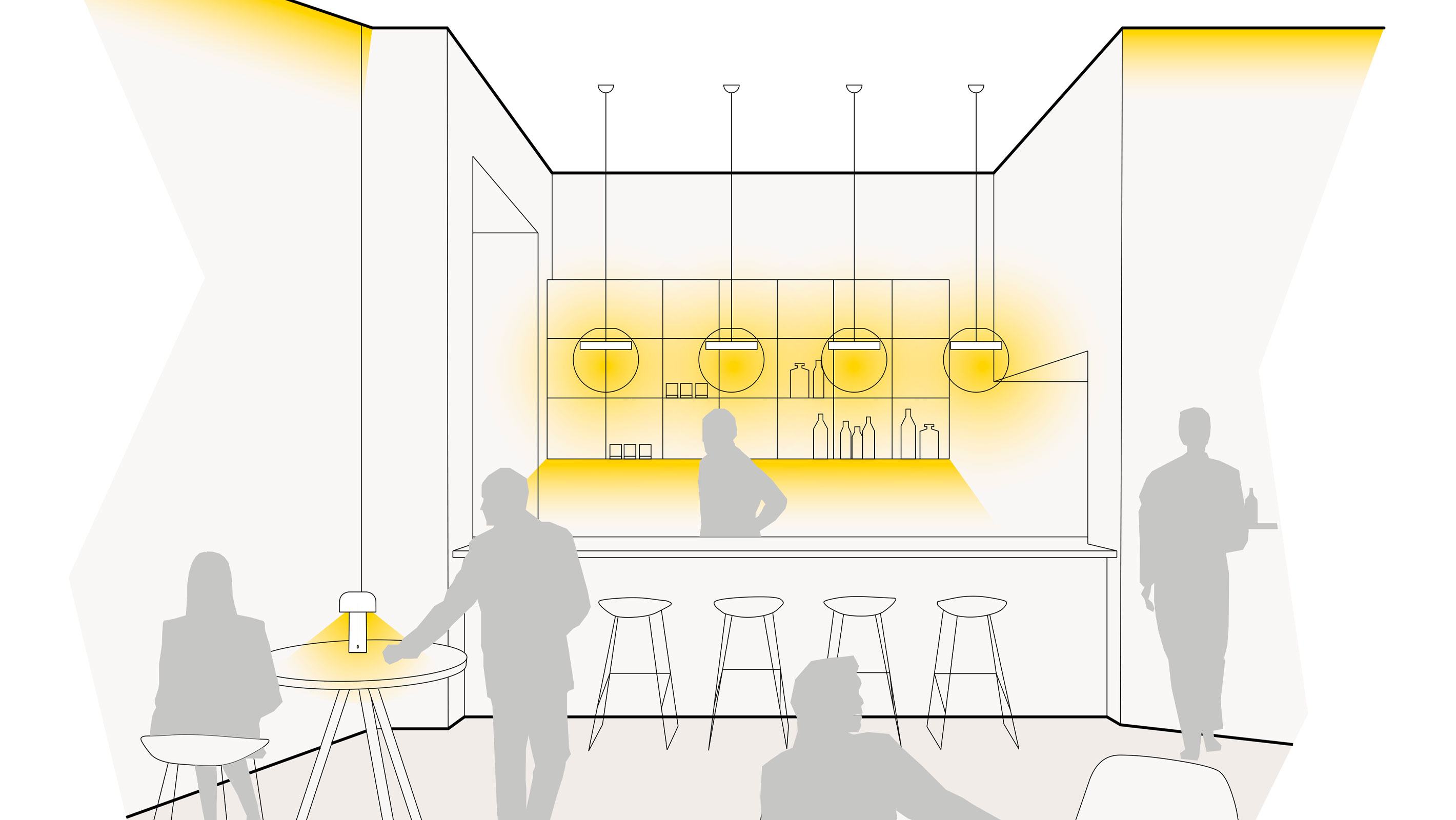 Illustration einer optimalen Lichtplanung in der Gastronomie mit Lichtvouten, Akku-Tischleuchten, Pendelleuchten und LED-Lichtleisten