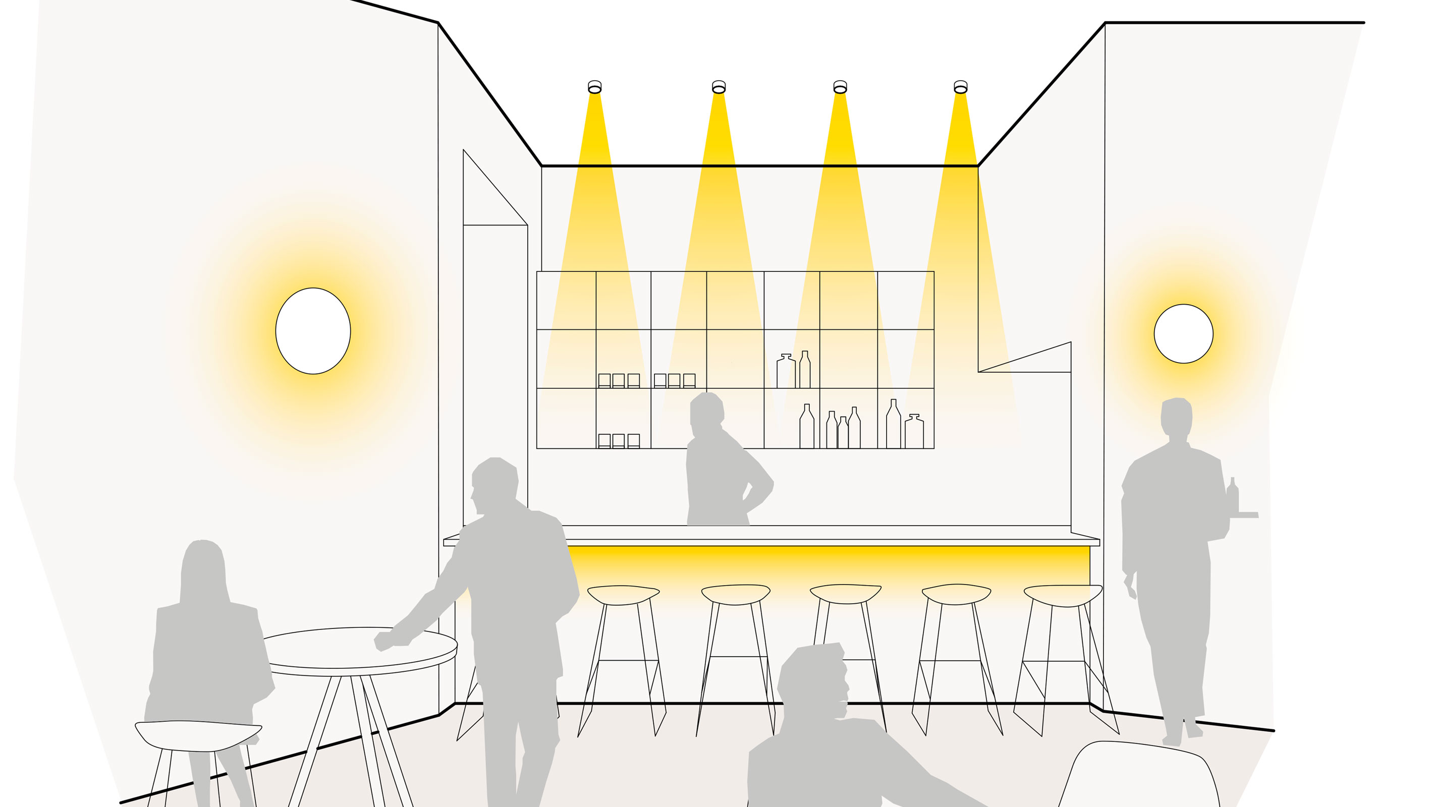 Illustration einer optimalen Lichtplanung in der Gastronomie mit Wandleuchten, Deckeneinbaustrahlern und Lichtvouten