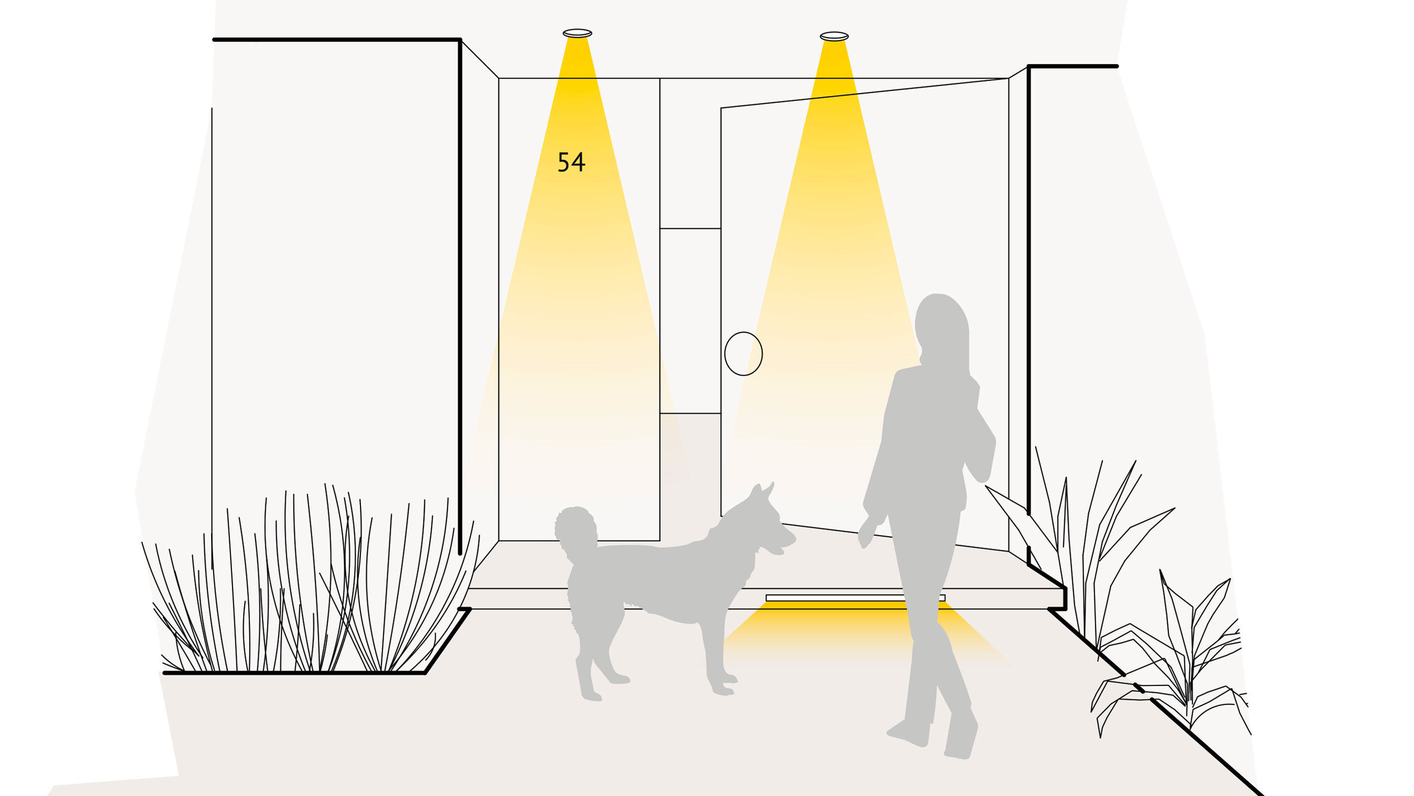 Illustration einer optimalen Lichtplanung an der Haustür mit Außen-Deckeneinbaustrahlern und Stufenbeleuchtung