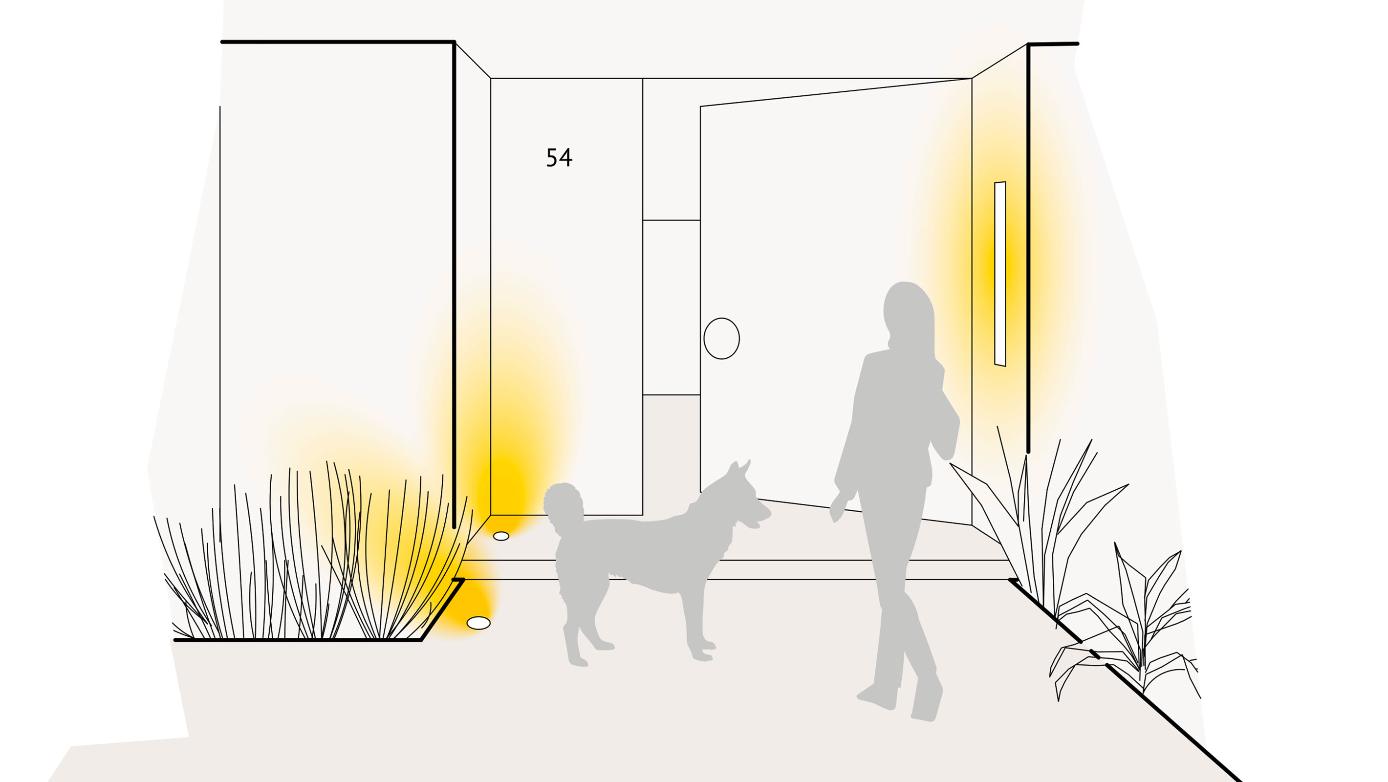 Illustration einer optimalen Lichtplanung an der Haustür mit Bodeneinbaustrahlern und Außen-Wandleuchten