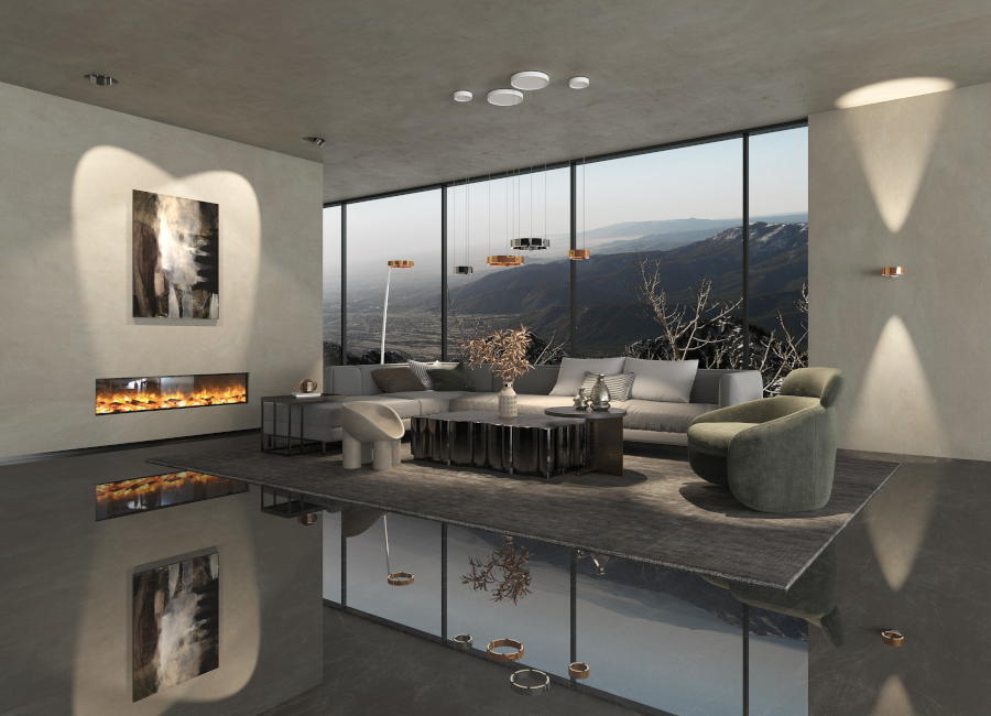 Ein weitläufiges Wohnzimmer mit glänzendem Marmor-Fußboden, beleuchtet von mehreren minimalistisch designten Decken-, Wand-, Steh- und Pendelleuchten der Marke CHRISTOPH. (Foto: Christoph kügler)