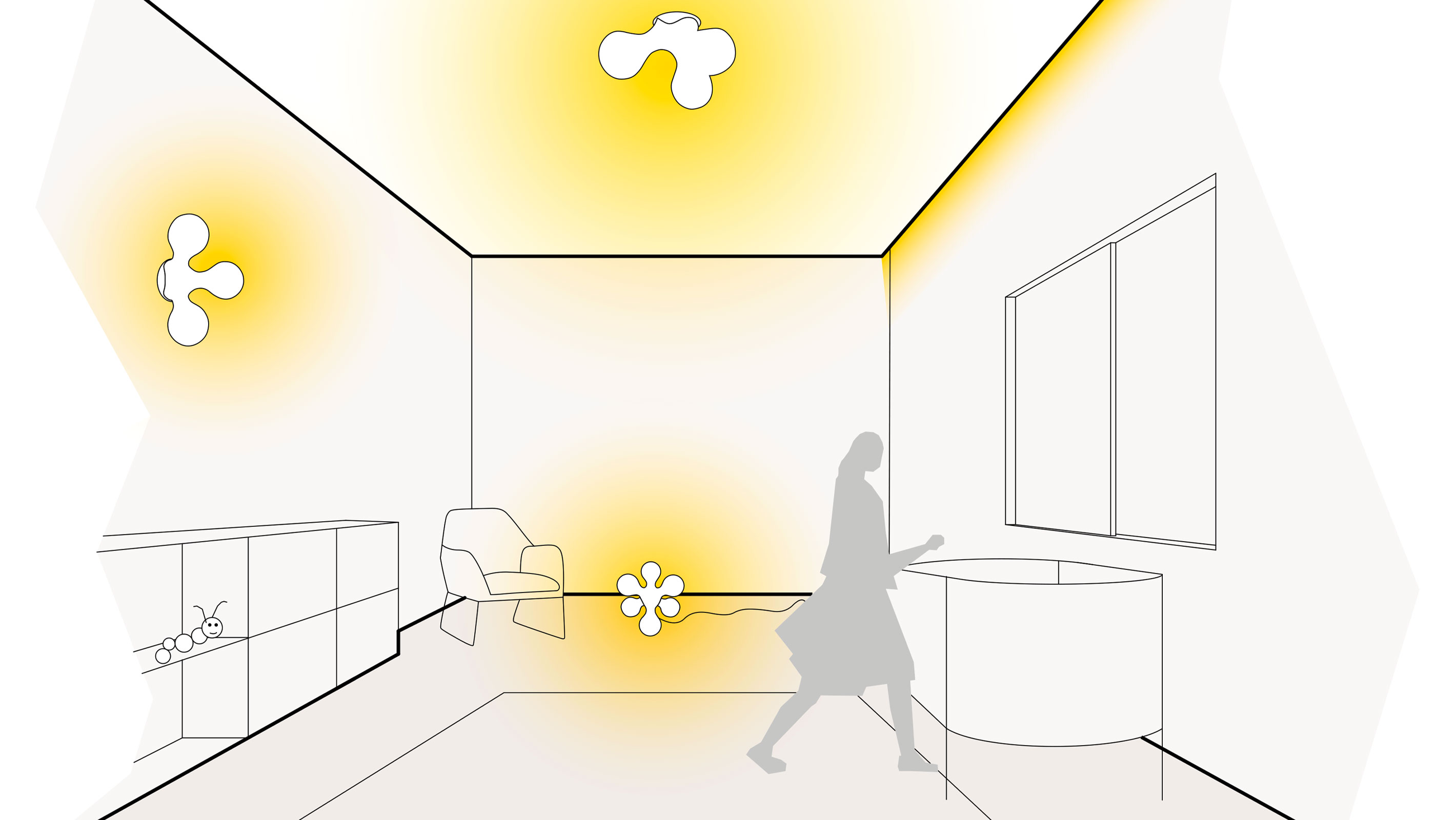 Illustration einer optimalen Lichtplanung im Kinderzimmer mit Wnadleuchten, Deckenleuchten, Bodenleuchten und Voutenbeleuchtung