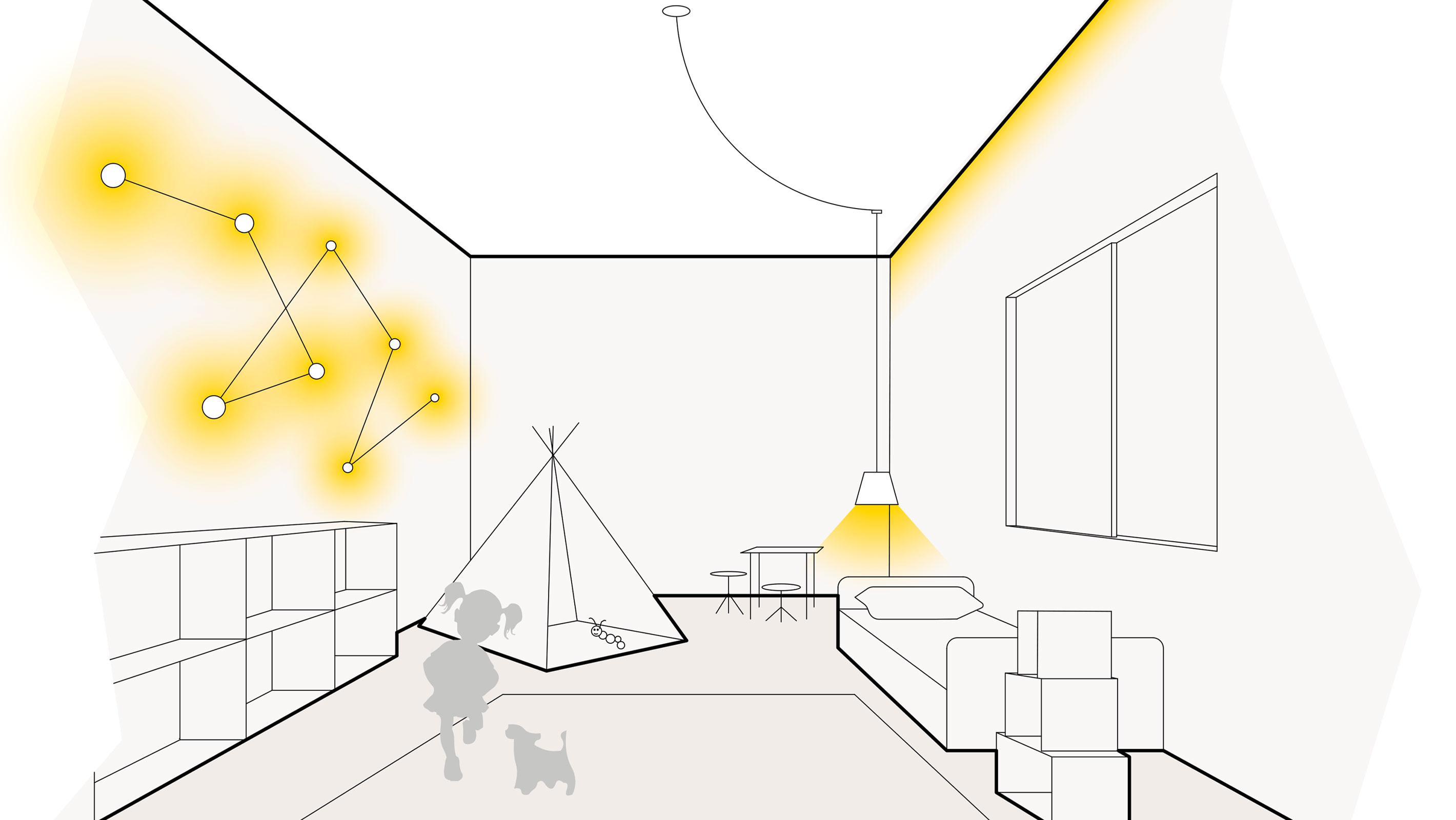 Illustration einer optimalen Lichtplanung im Kinderzimmer mit Lichtobjekten, Pendelleuchten und Voutenbeleuchtung