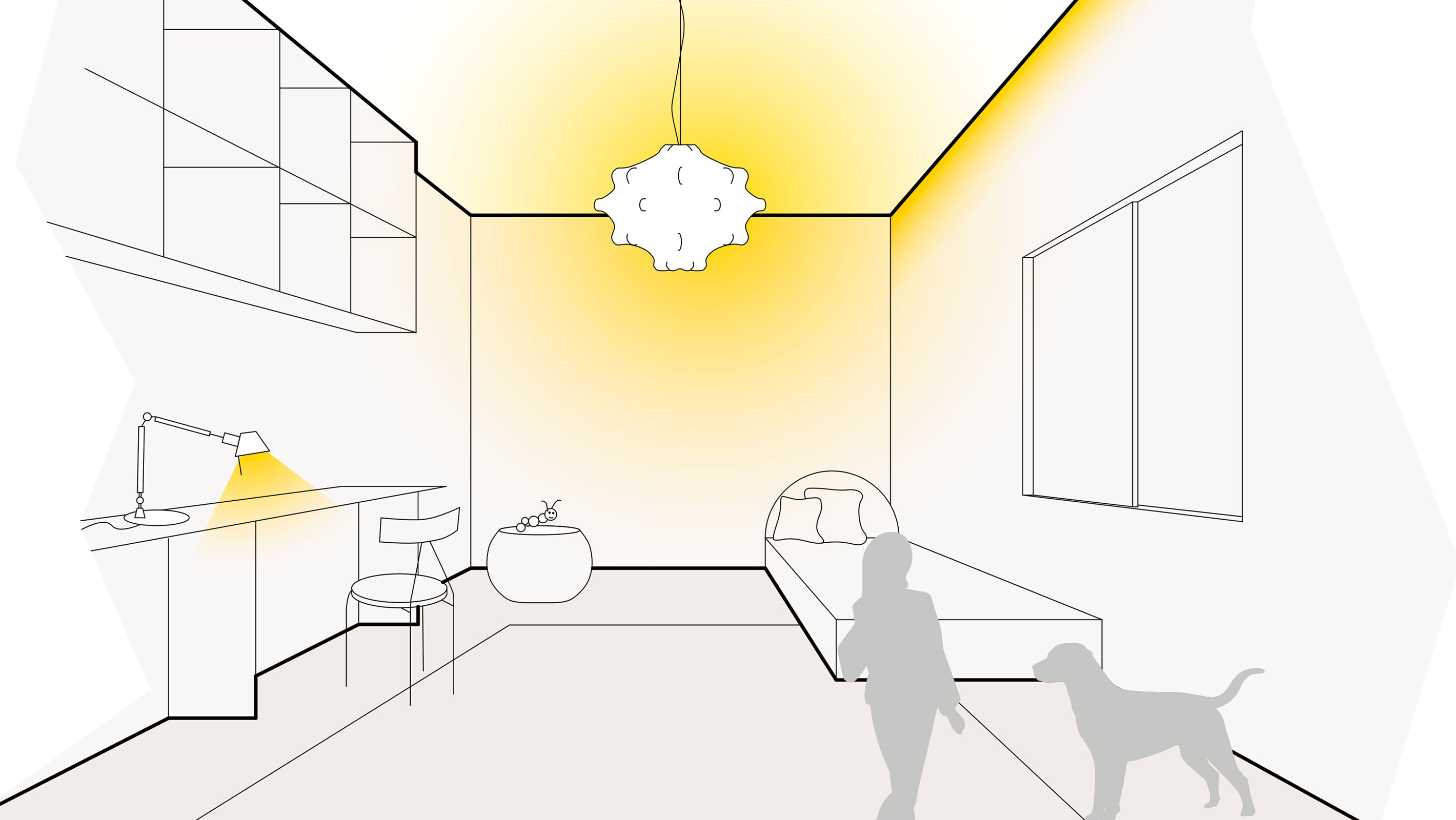 Illustration einer optimalen Lichtplanung im Kinderzimmer mit Schreibtischleuchten, Pendelleuchten und Voutenbeleuchtung