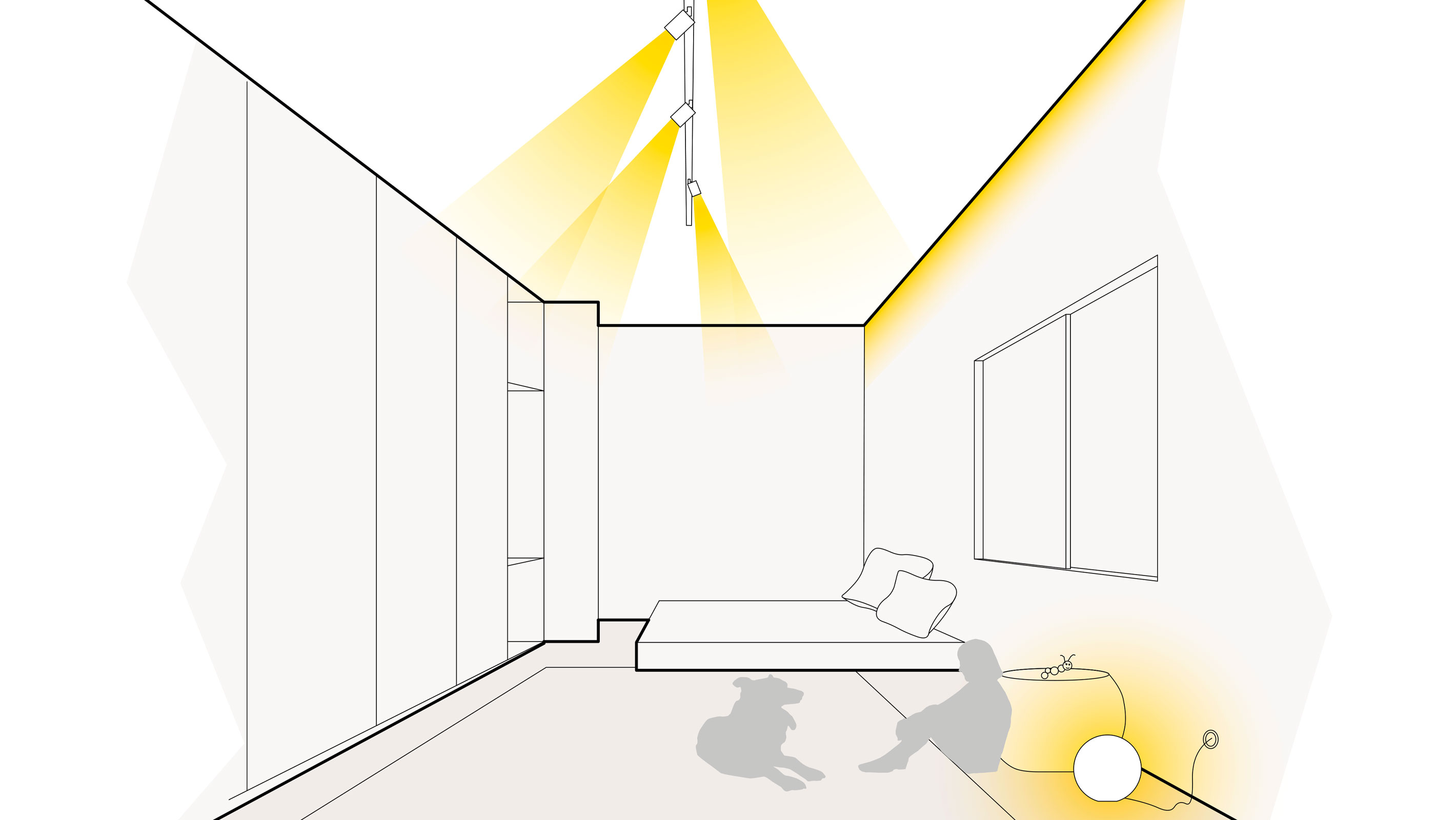 Illustration einer optimalen lichtplanung im Kinderzimmer mit Schienenstrahlern, Voutenbeleuchtung und Kugelleuchten