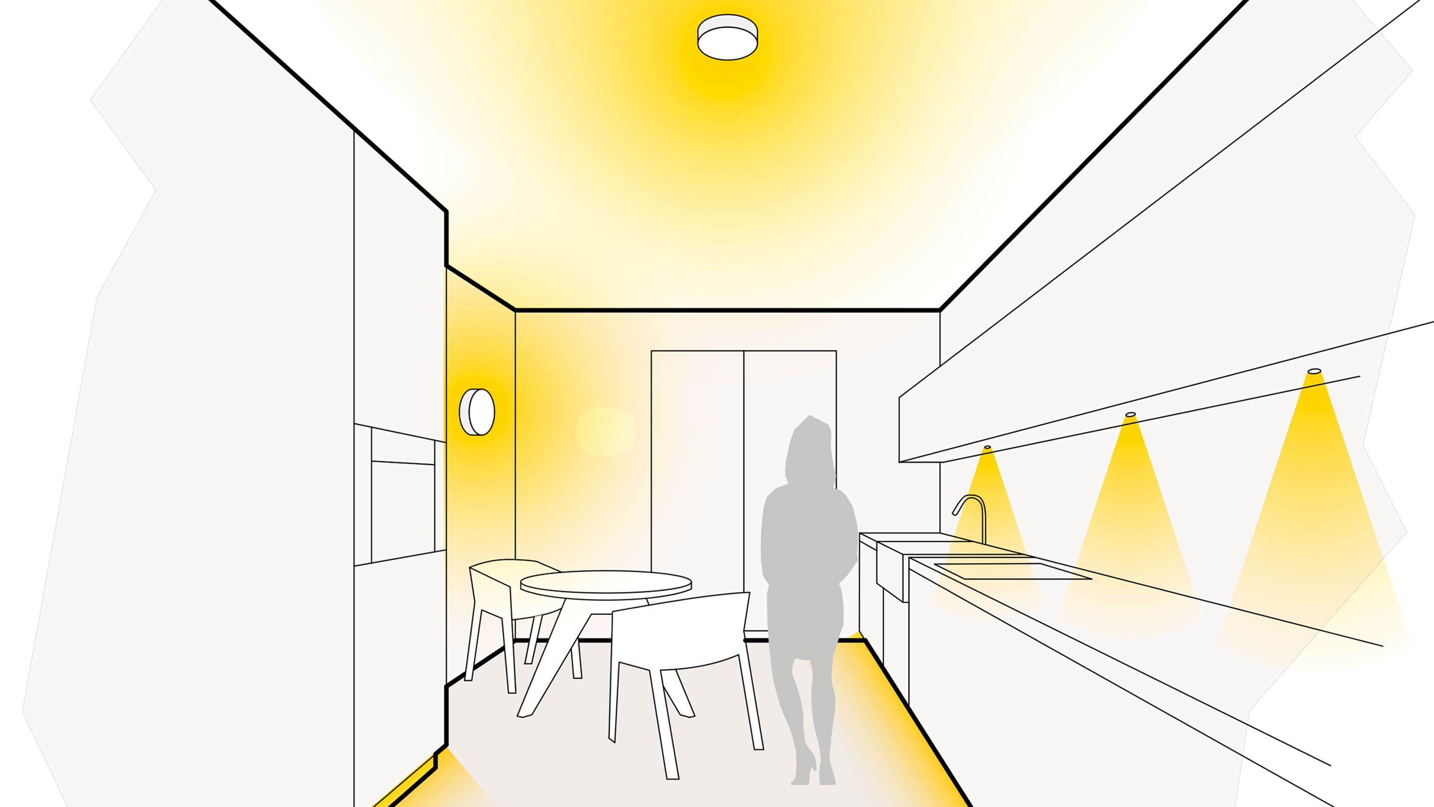 Illustration einer optimalen Lichtplanung in der Küche mit Voutenbeleuchtung, Wandleuchten, Deckenleuchten und Einbaustrahlern