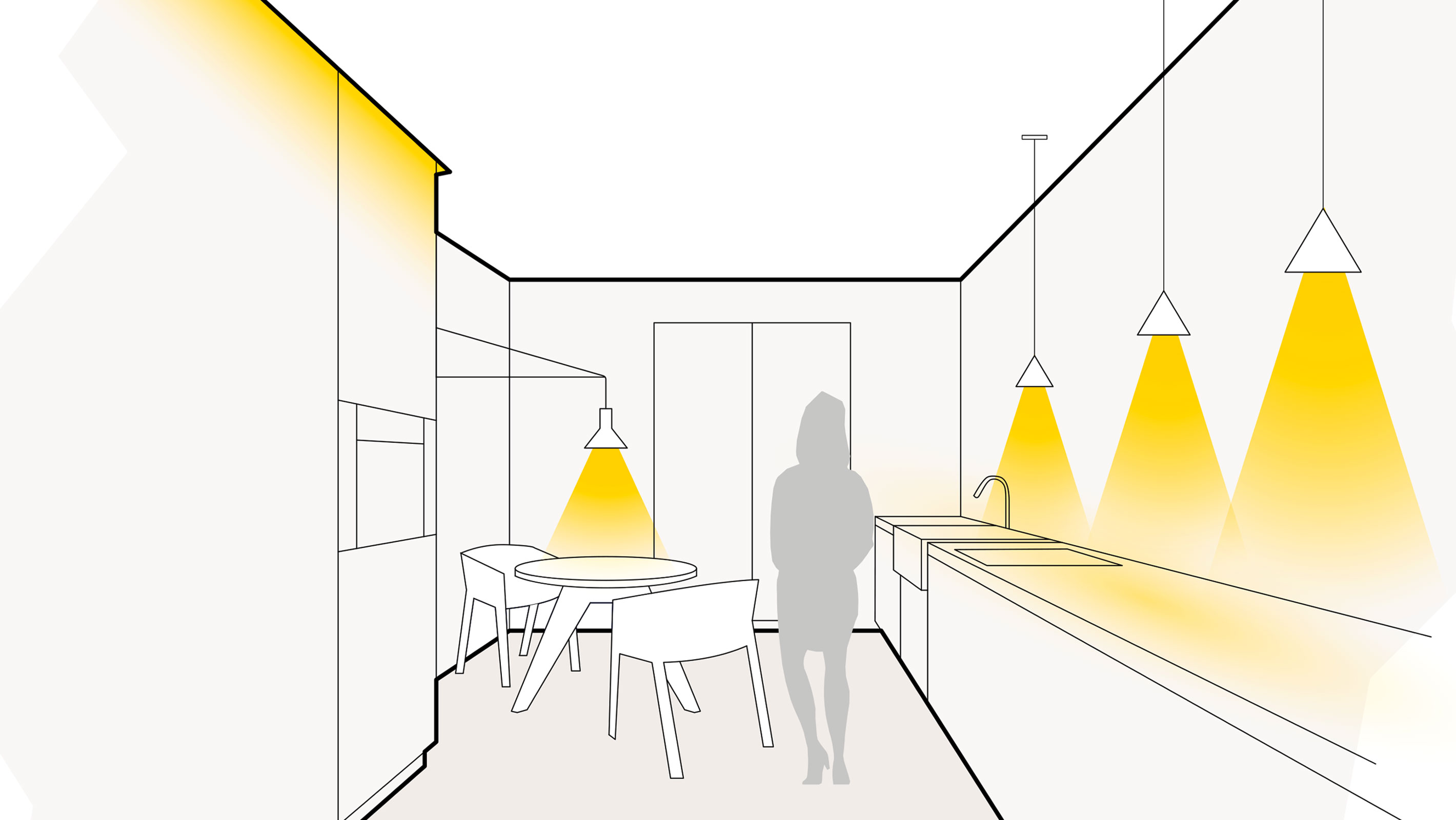 Illustration einer optimalen Lichtplanung in der Küche mit Voutenbeleuchtung, Wandleuchten und Pendelleuchten