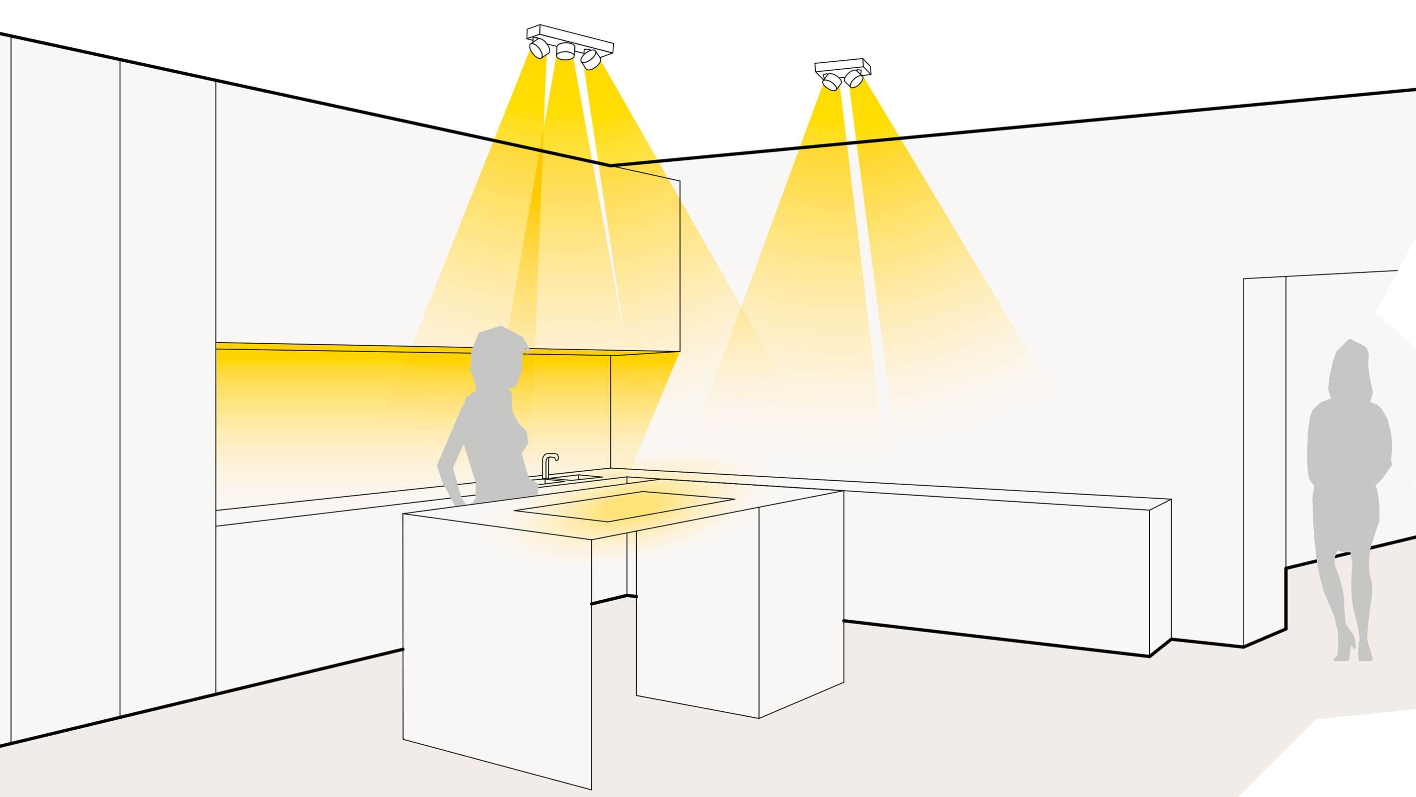 Illustration einer optimalen Lichtplanung in der Küche mit Voutenbeleuchtung und Balkenstrahlern