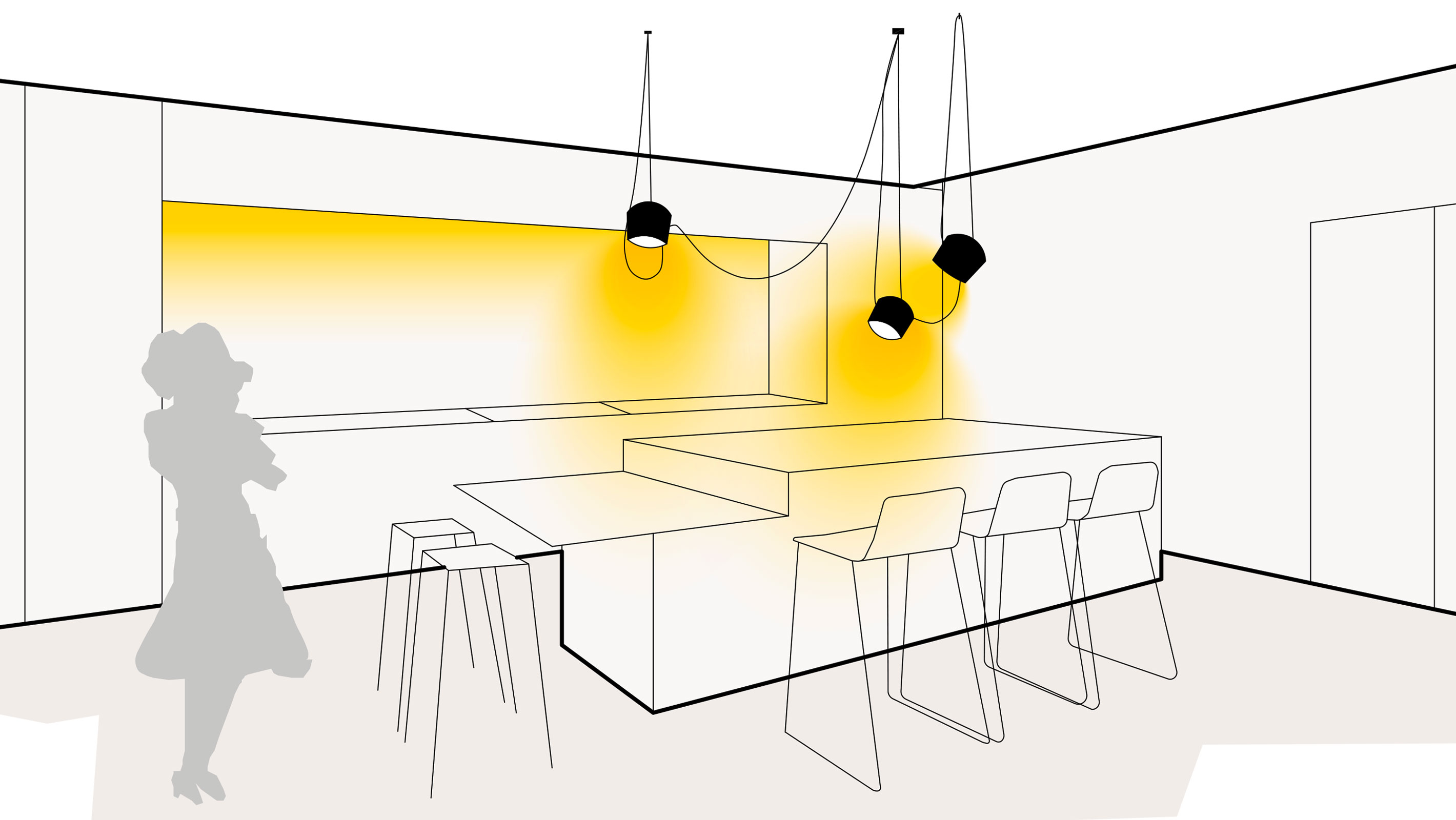 Illustration einer optimalen Lichtplanung in der Küche mit Voutenbeleuchtung und Pendelleuchten