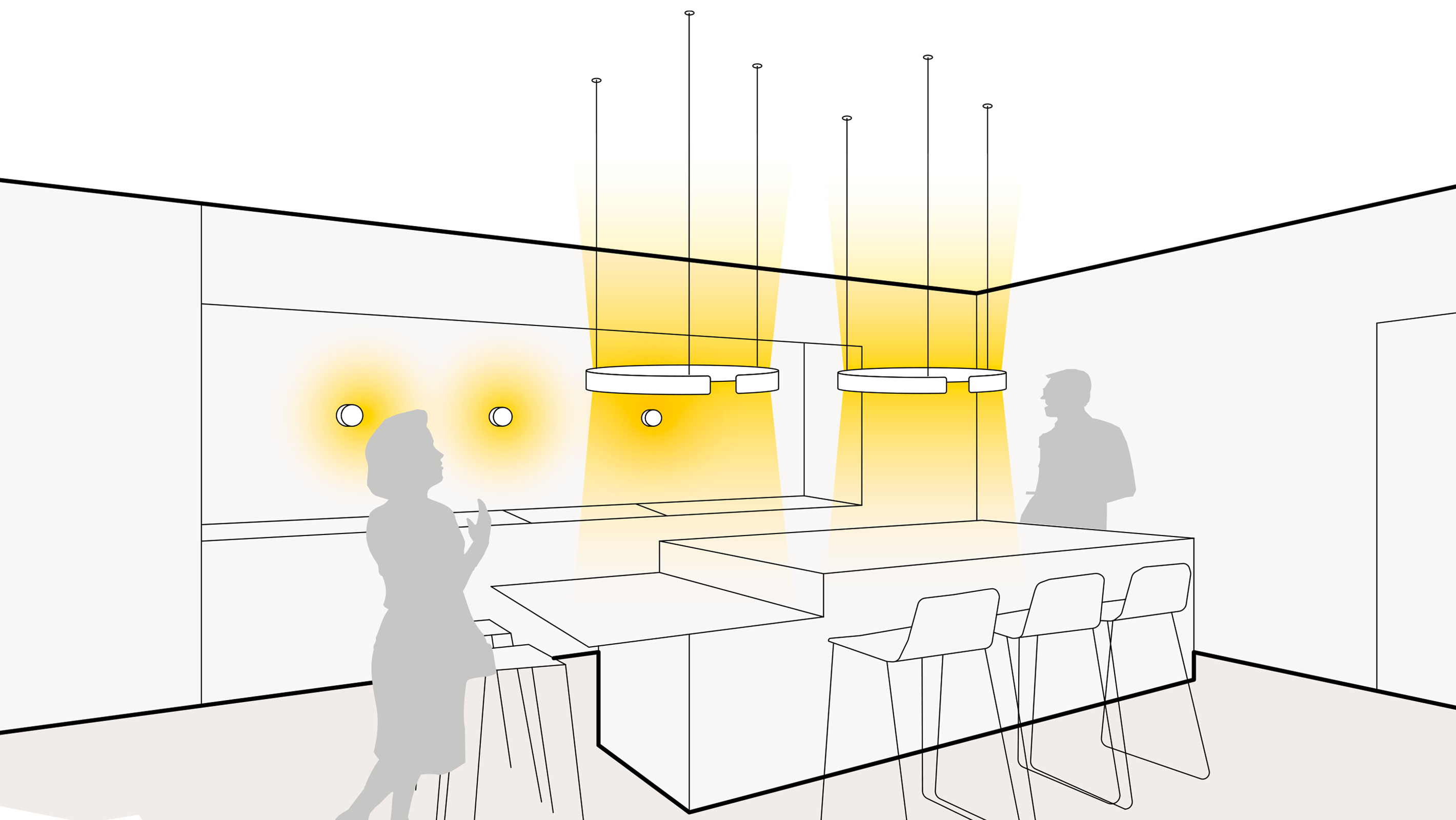 Illustration einer optimalen lichtplanung in der Küche mit Wandleuchten und Pendelleuchten