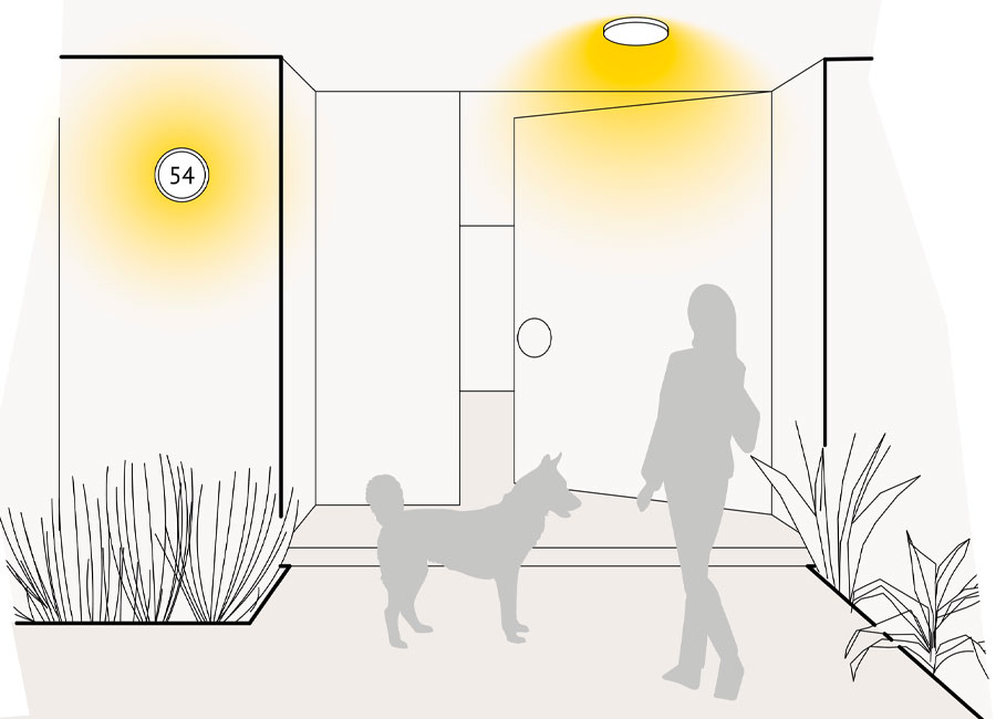 Eine grafische Darstellung eines Eingangsbereiches samt Haustür mit eingezeichneten Leuchten und Lichtkegeln. (Grafik: Prediger Lichtberater)