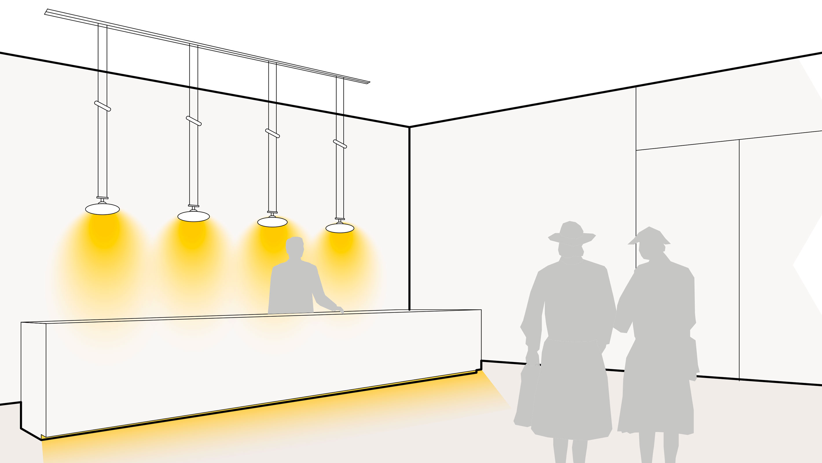 Illustration einer optimalen Lichtplanung in der Lobby mit Pendelleuchten und Sockelbeleuchtung 