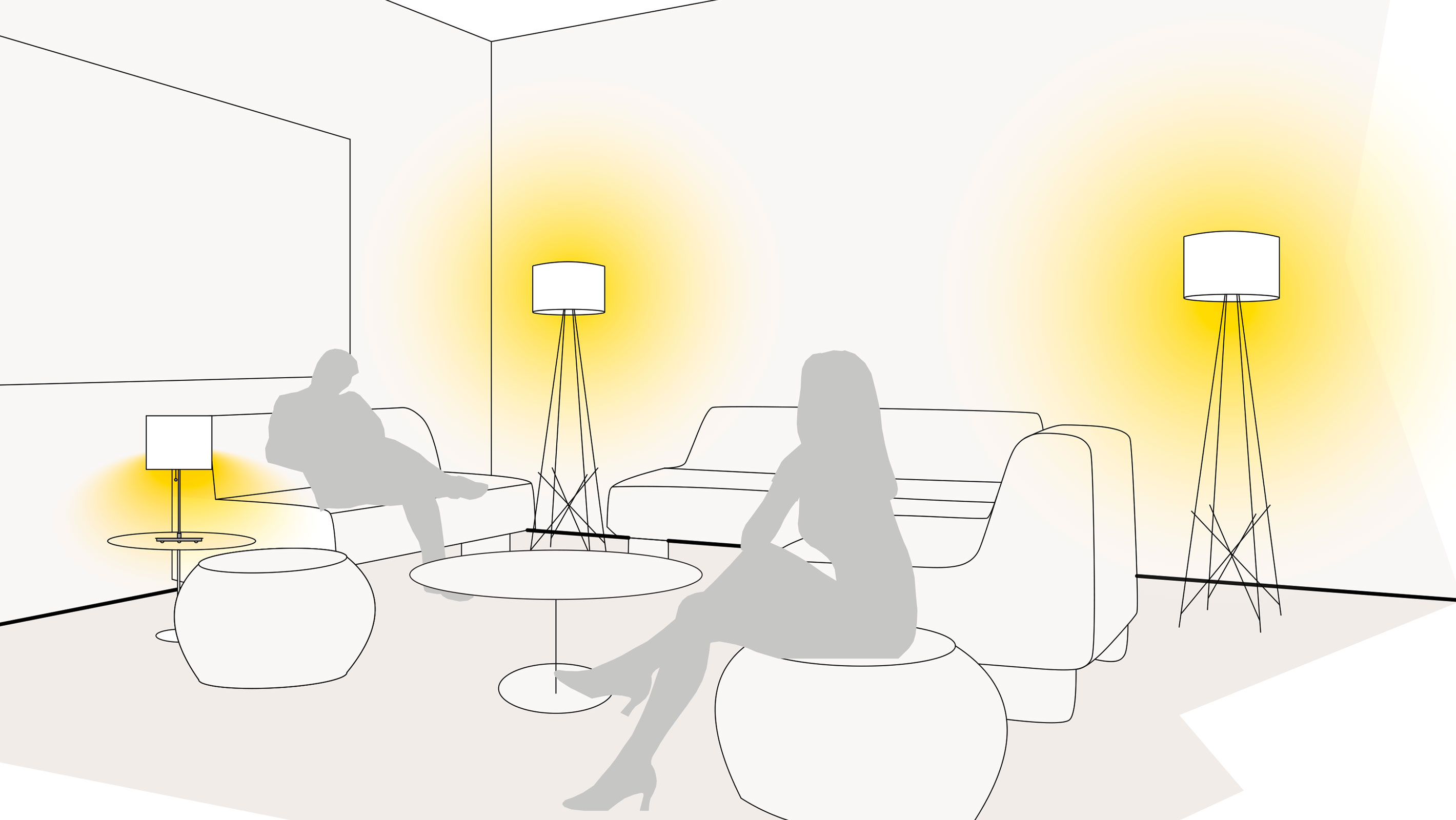 Illustration einer optimalen Lichtplanung in der Lobby mit Tischleuchten und Standleuchten