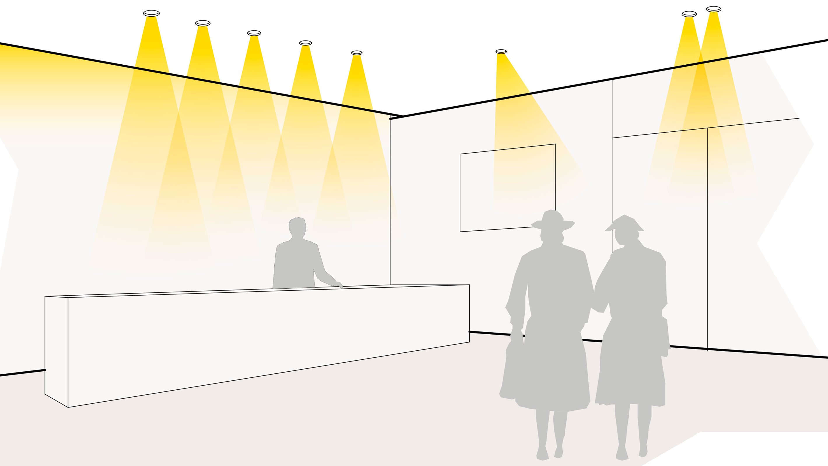 Illustration einer optimalen Lichtplanung in der Lobby mit Einbaudownlights und Lichtvouten