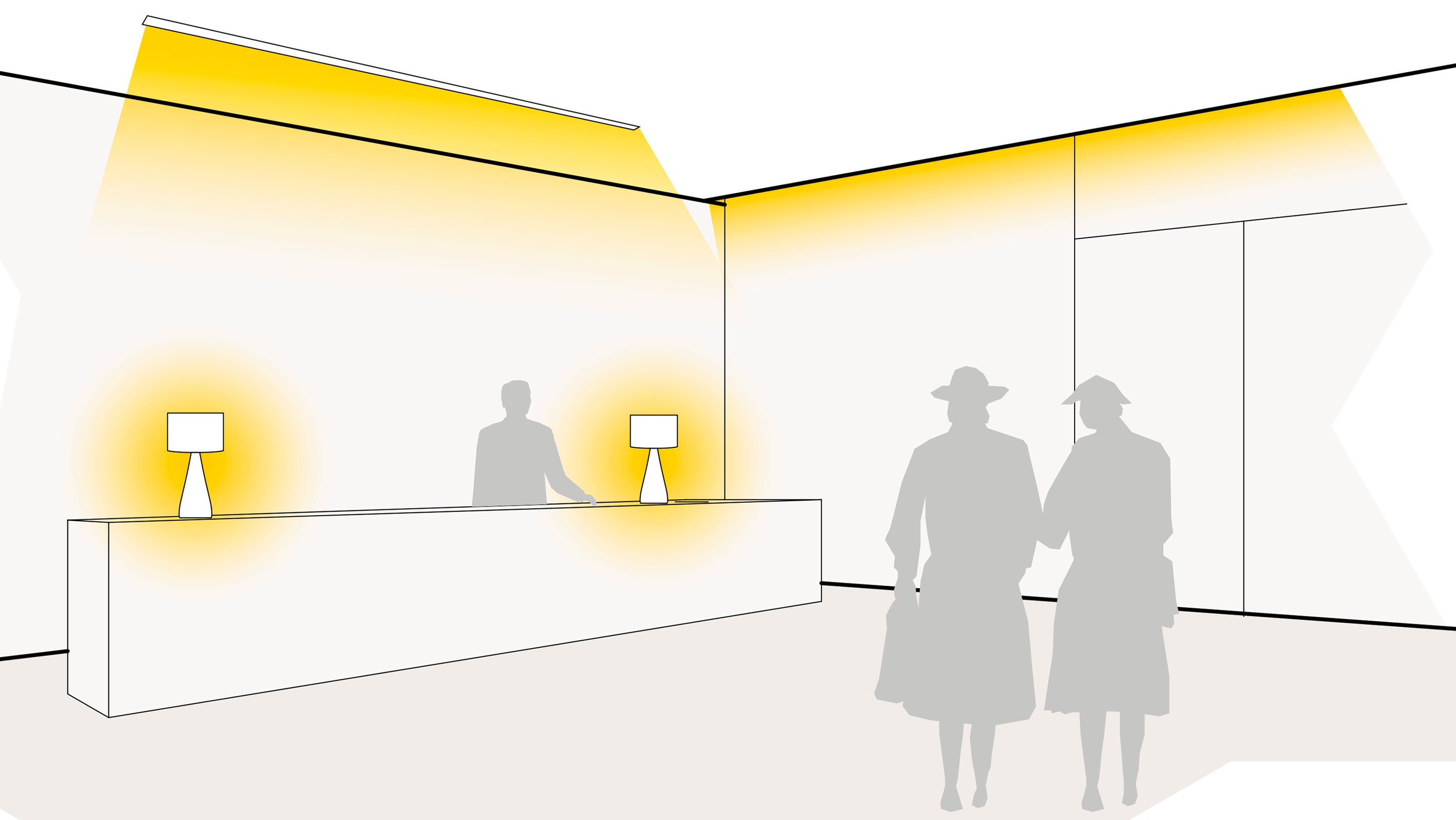 Illustration einer optimalen Lichtplanung in der Lobby mit Tischleuchten, Lichbändern und Lichtvouten