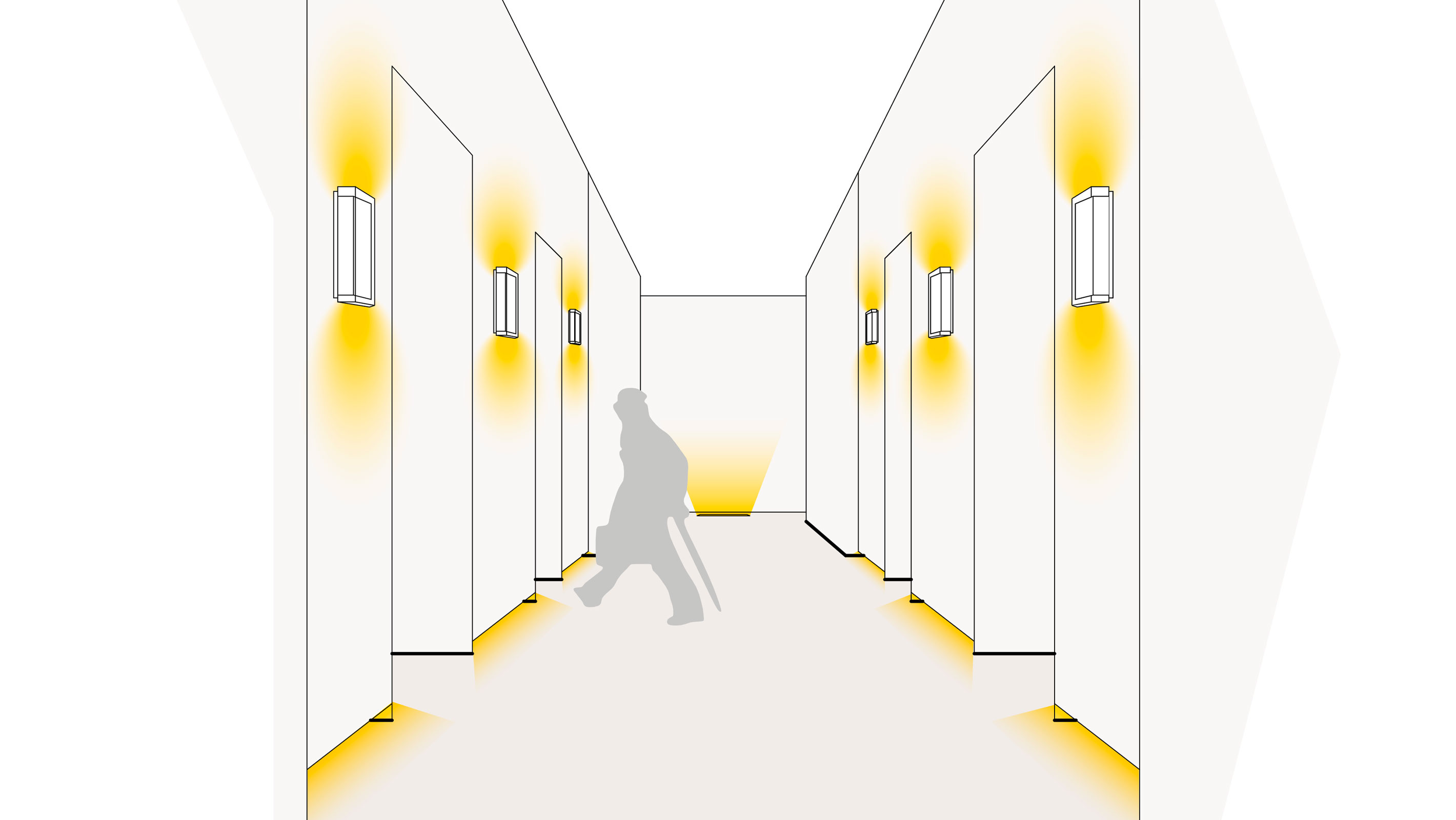 Illustration einer optimalen Lichtplanung in der Lobby mit Wandleuchten und Sockelbeleuchtung 