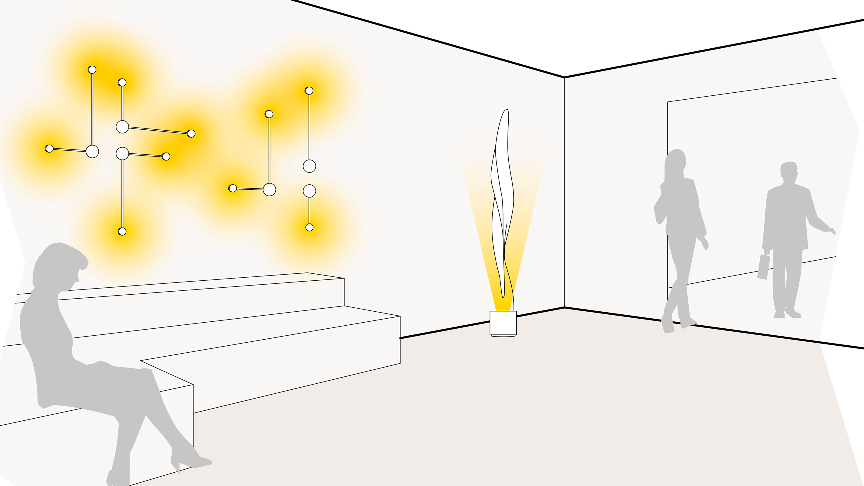 Illustration einer optimalen Lichtplanung in der Lobby mit Wandleuchten und Standleuchten