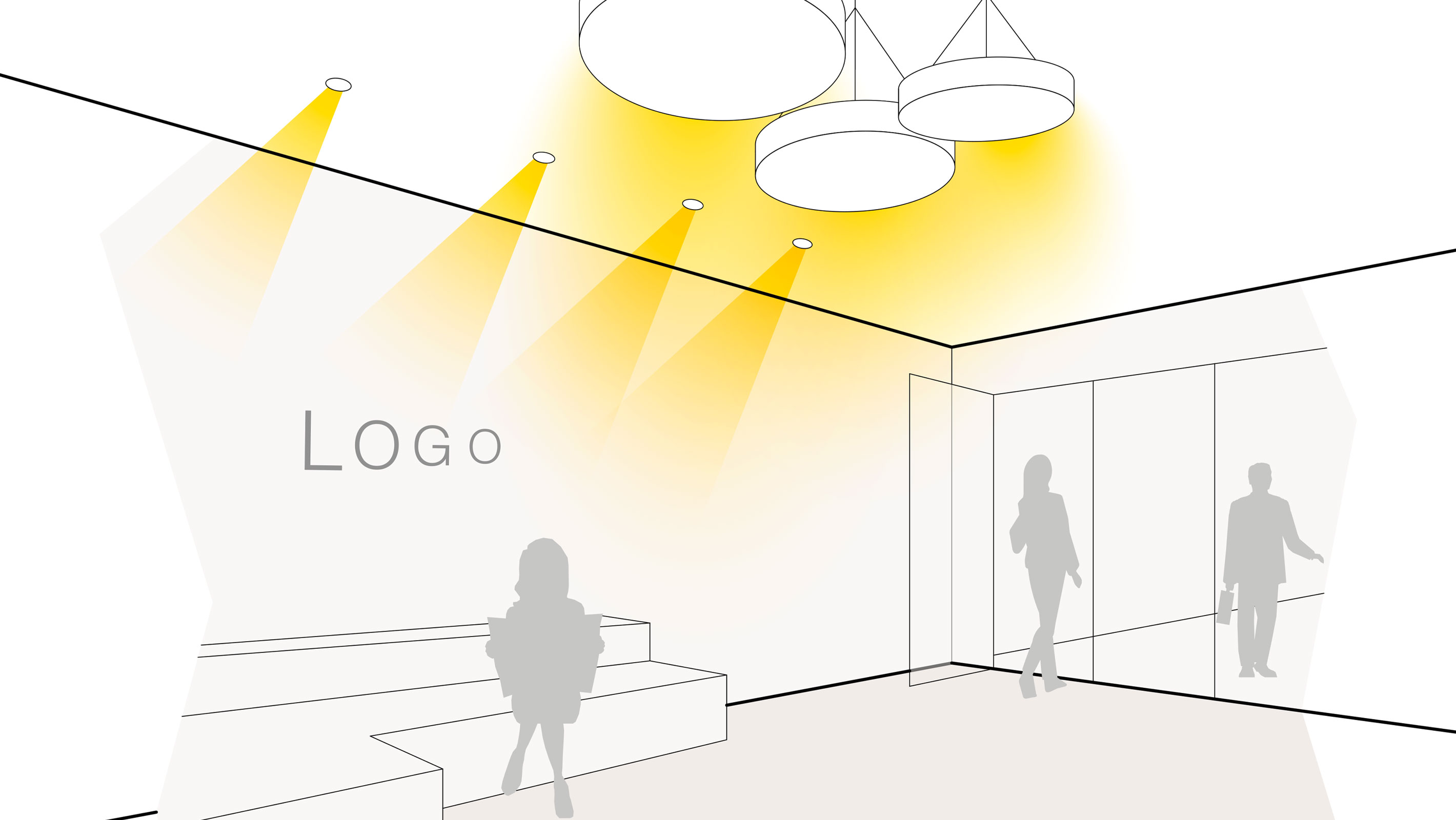 Illustration einer optimalen Lichtplanung in der Lobby mit Einbaustrahlern und Pendelleuchten