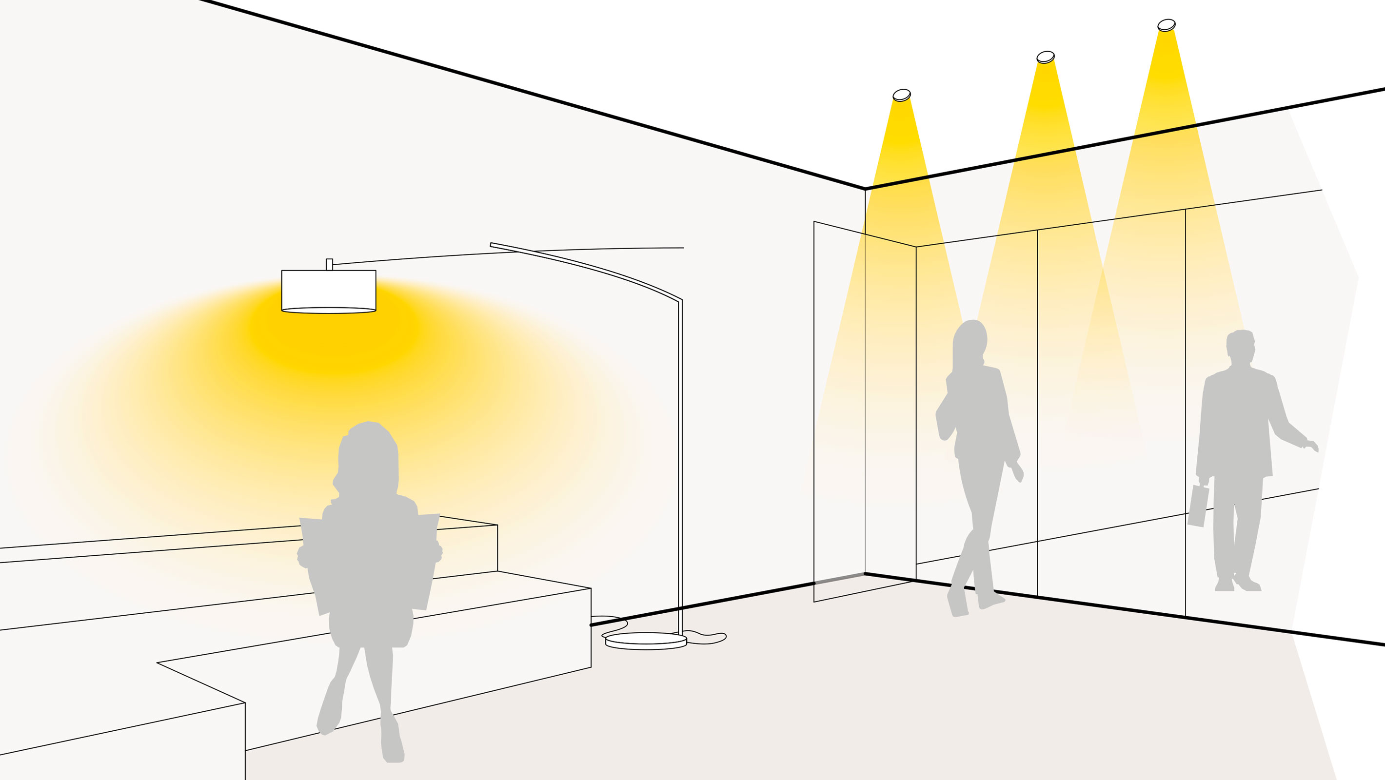 Illustration einer optimalen Lichtplanung in der Lobby mit Standleuchten und Einbaustrahlern