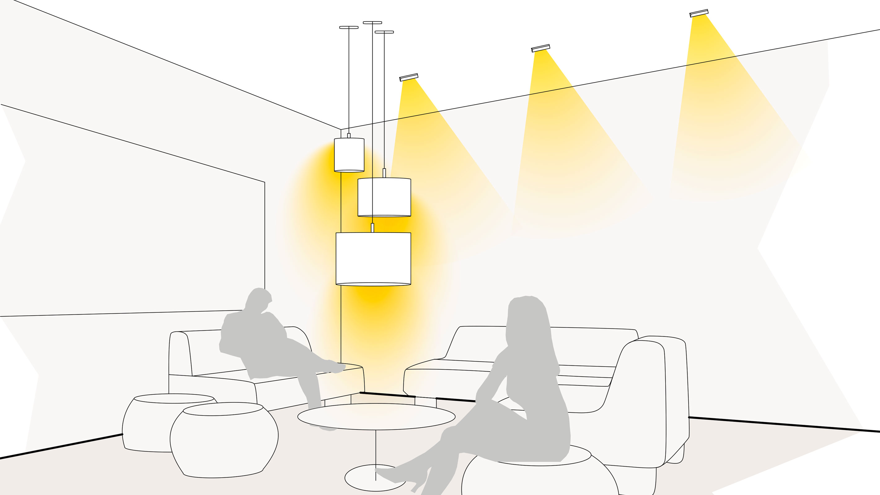 Illustration einer optimalen Lichtplanung in der Lobby mit Pendelleuchten und Wandflutern