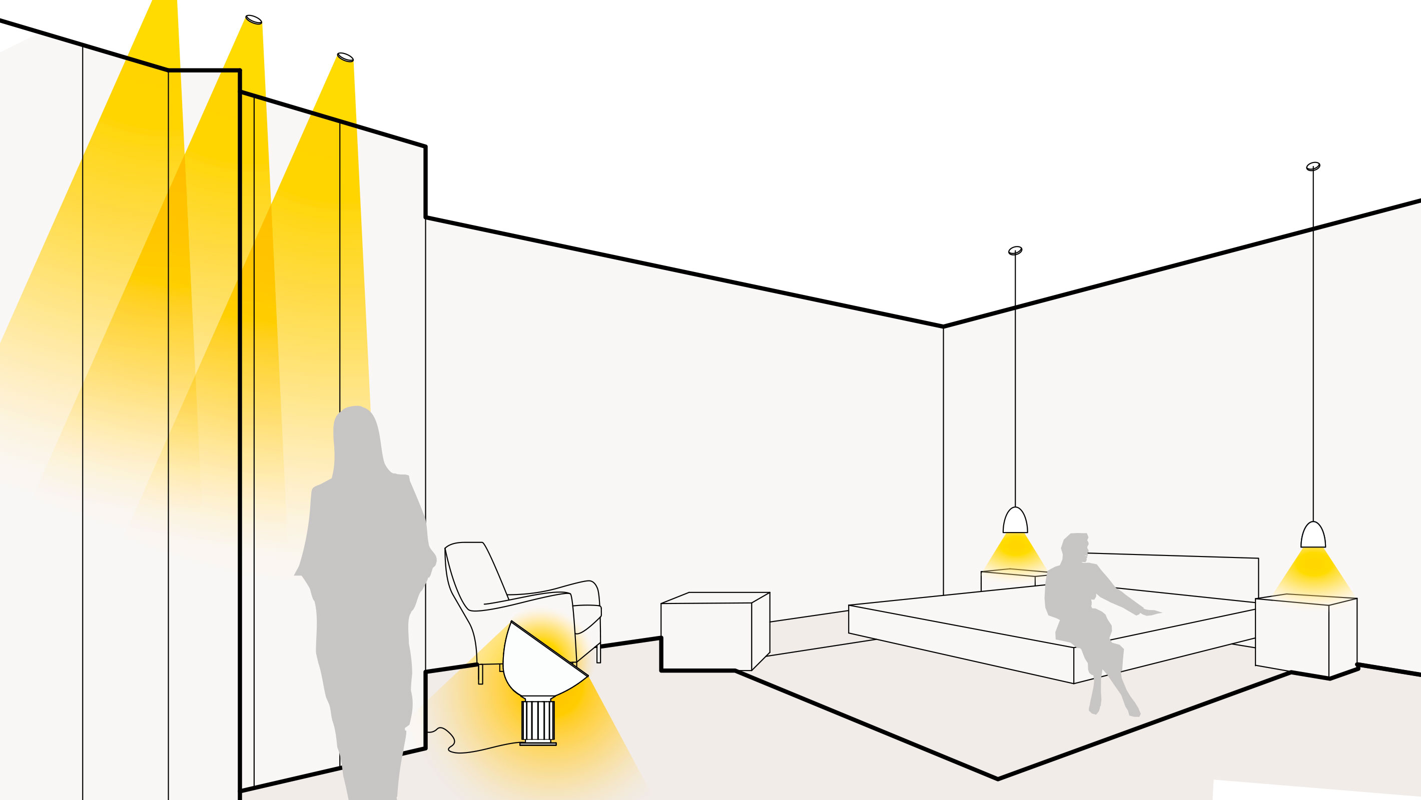 Illustration einer optimalen Lichtplanung im Schlafzimmer mit Deuckeneinbaustrahlern, Bodenleuchten und Pendelleuchten