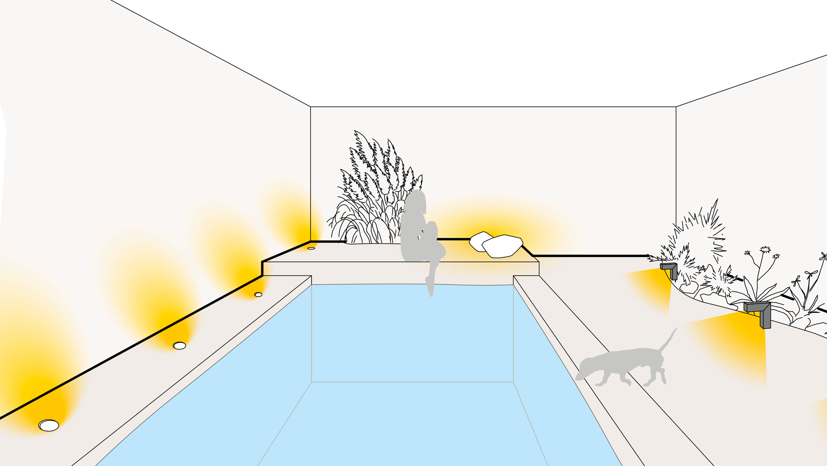 Illustration einer optimalen Lichtplanung am Pool und Schwimmteich mit Bodeneinbauleuchten, Lichtobjekten und Wegeleuchten