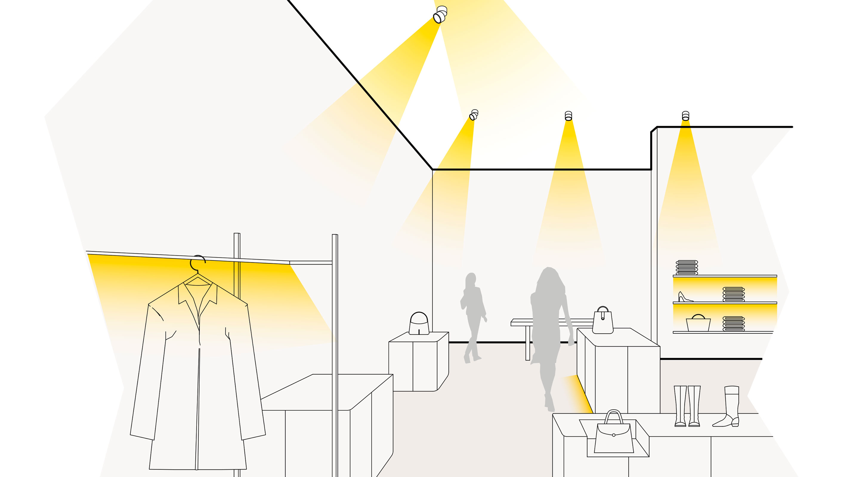 Illustration einer optimalen Lichtplanung im Shop mit Deckenaufbaustrahlern, LED-Lichtleisten, Sockelbeleuchtung und LED-Regalbeleuchtung