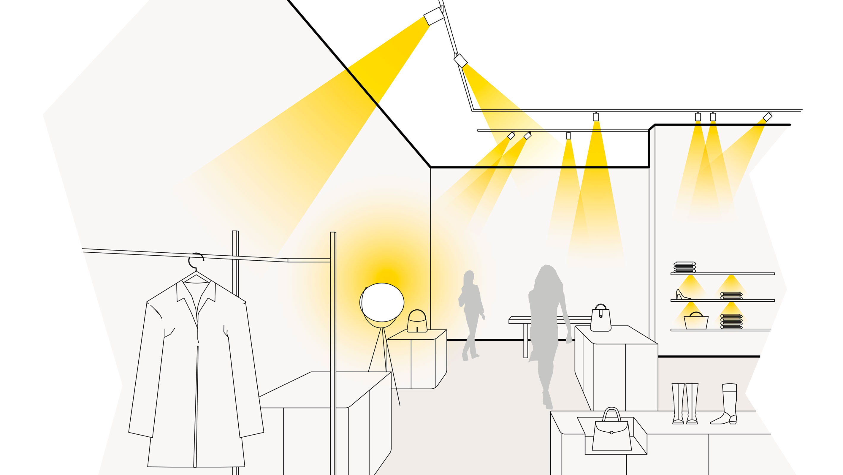 Illustration einer optimalen Lichtplanung im Shop mit Strahlern, Standleuchten und LED-Möbeleinbauleuchten