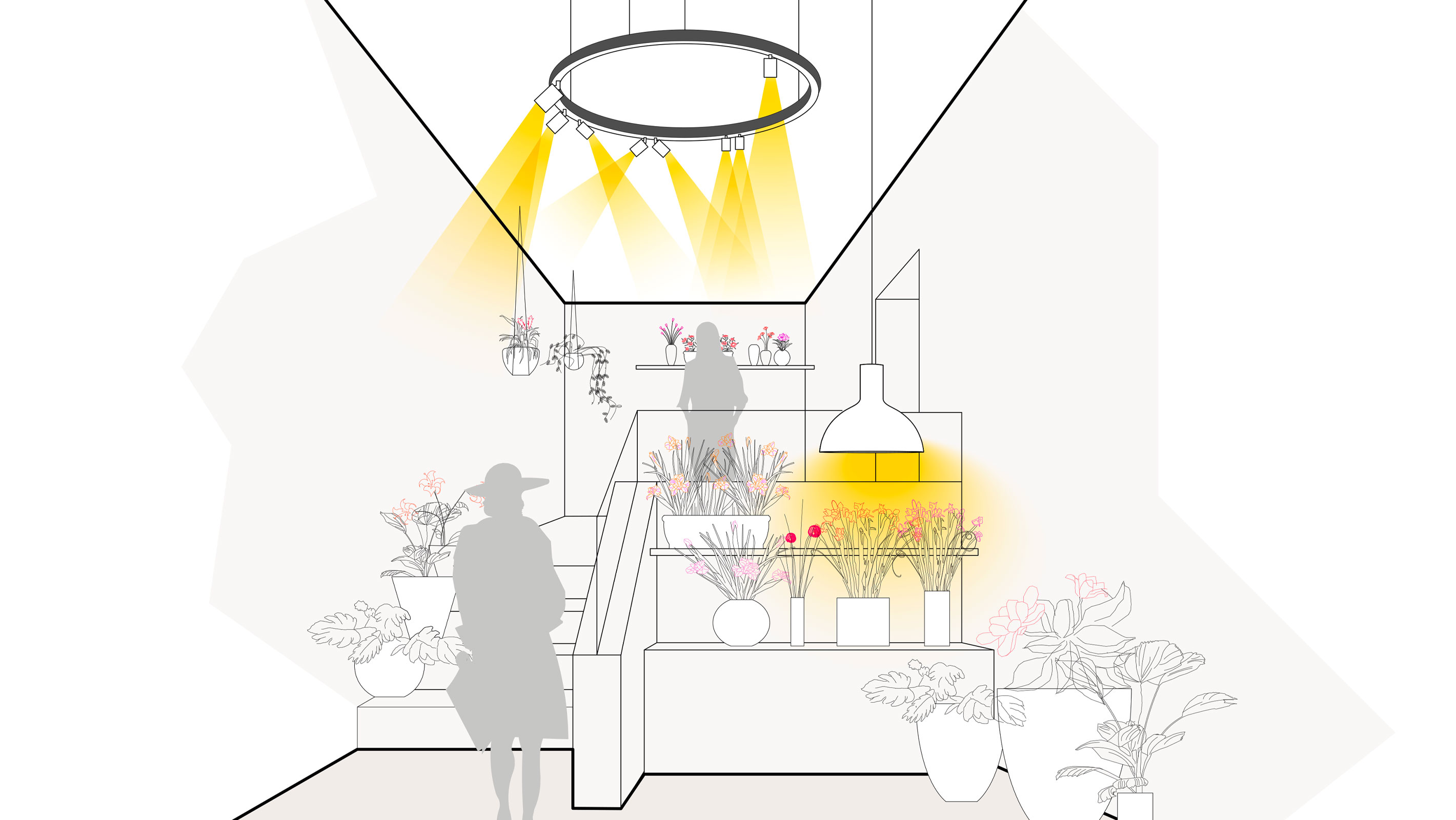 Illustration einer optimalen Lichtplanung im Shop mit Schienensystemen und Pendelleuchten