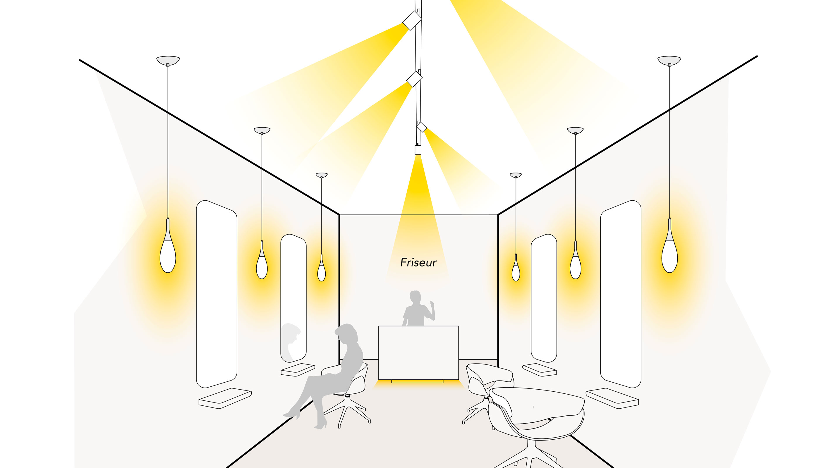 Illustration einer optimalen Lichtplanung im Shop mit Pendelleuchten, Schienensystemen und Sockelbeleuchtung